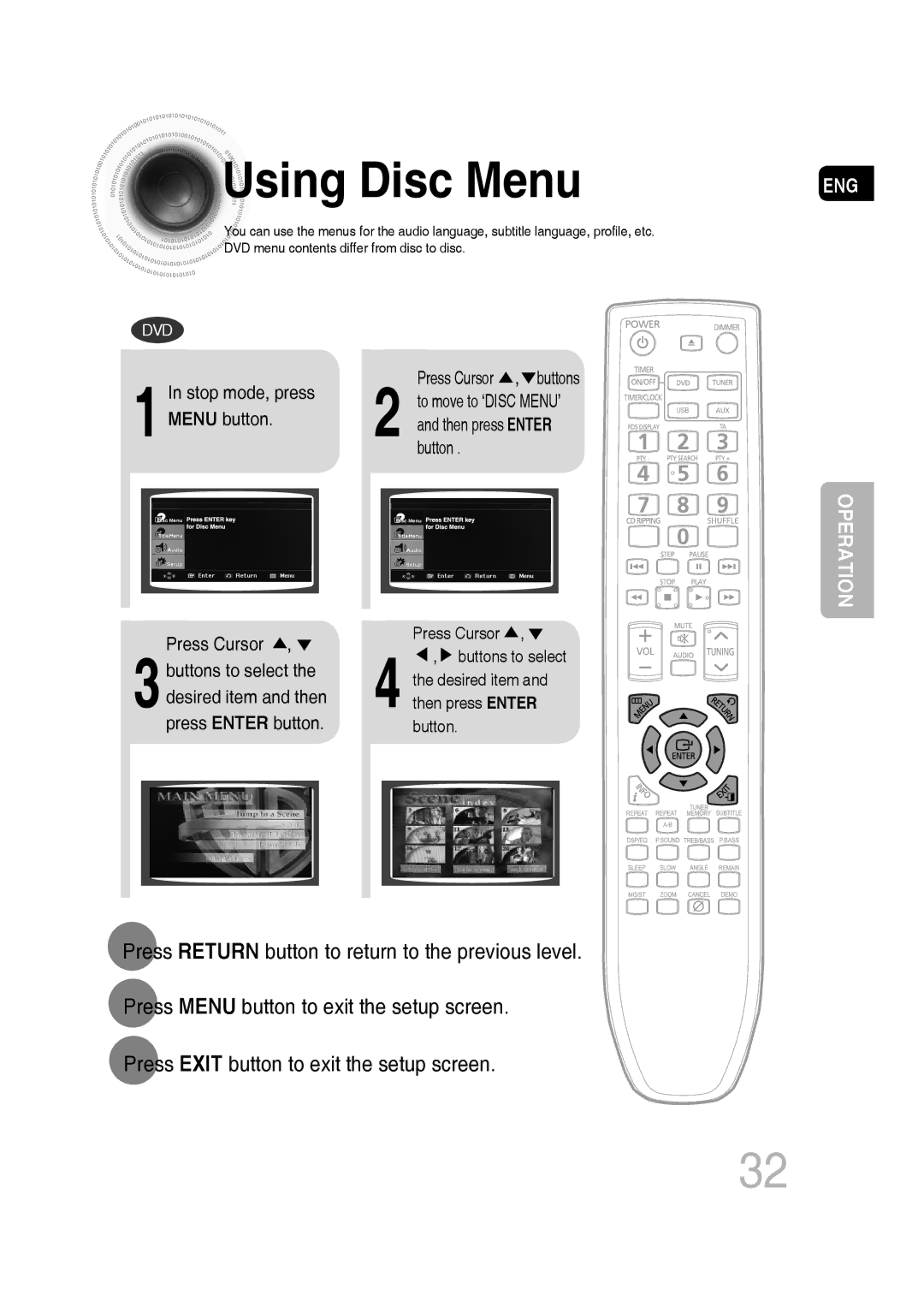 Samsung MM-C330/XEE, MM-C330D/XEN, MM-C330D/EDC, MM-C330/EDC, MM-C330D/XEE manual Using Disc Menu 