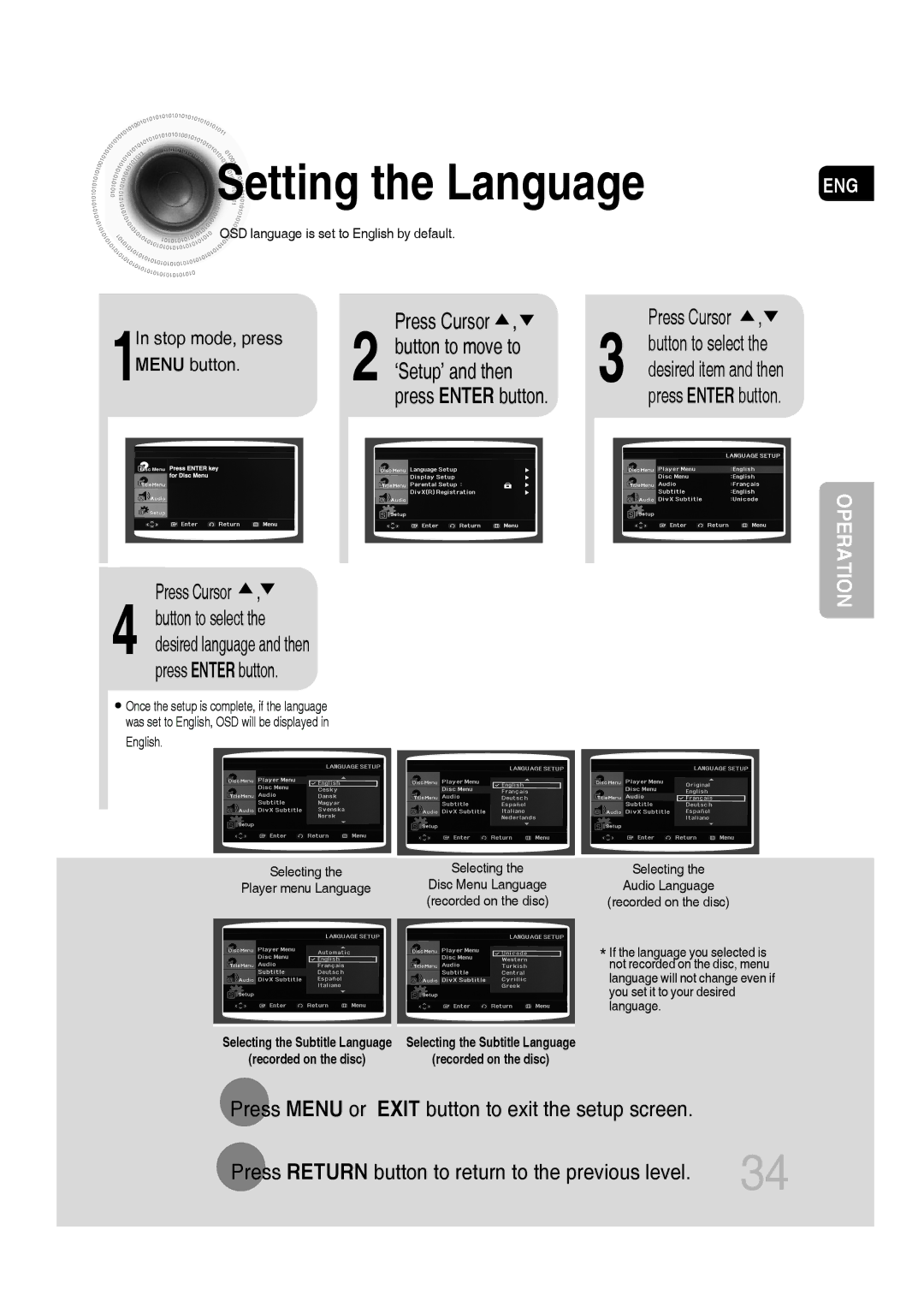 Samsung MM-C330D/EDC, MM-C330D/XEN, MM-C330/EDC Setting the Language, Press Cursor, Button to move to, ‘Setup’ and then 