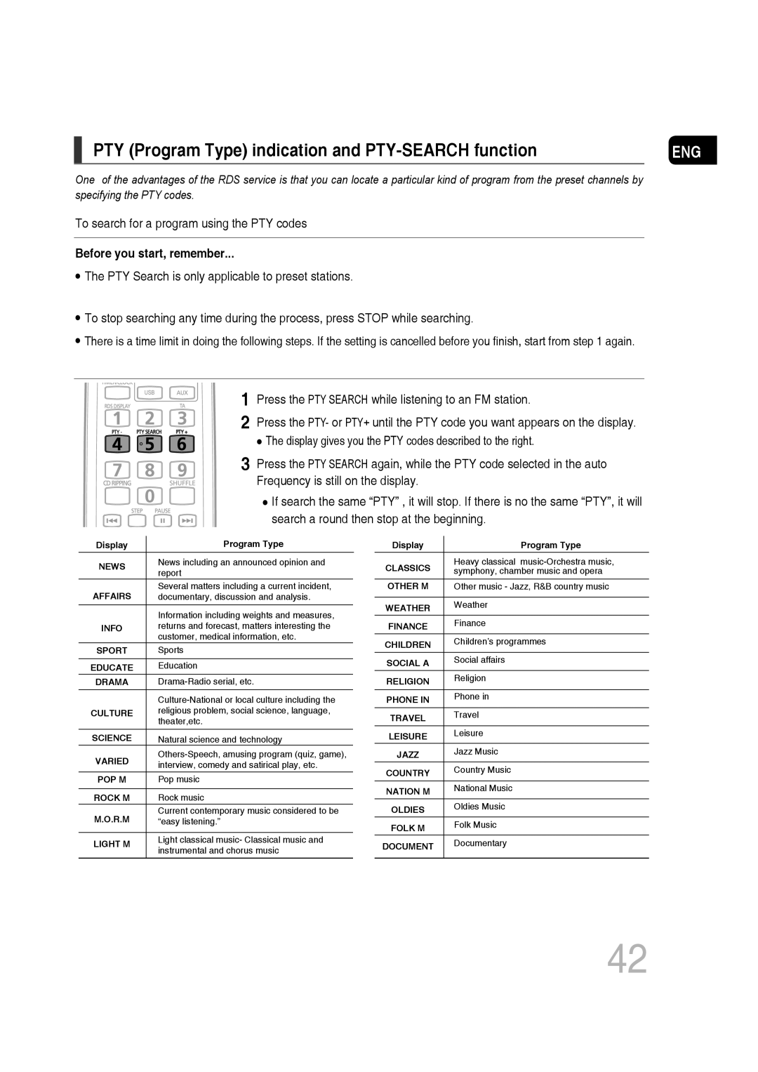 Samsung MM-C330/XEE, MM-C330D/XEN manual PTY Program Type indication and PTY-SEARCH function, Before you start, remember 