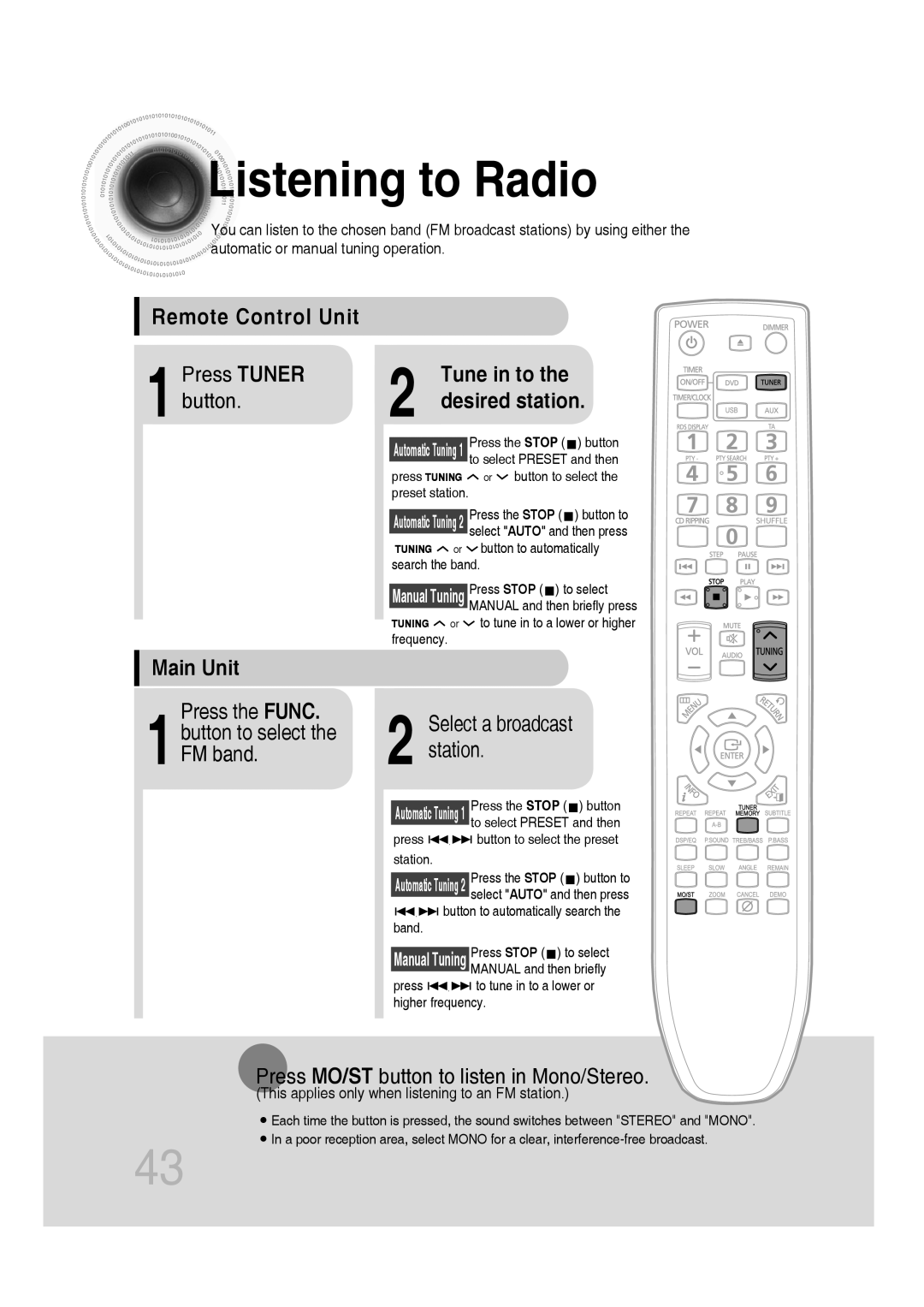 Samsung MM-C330D/XEN Listening to Radio, Remote Control Unit, Main Unit, Press the Func 1button to select the FM band 