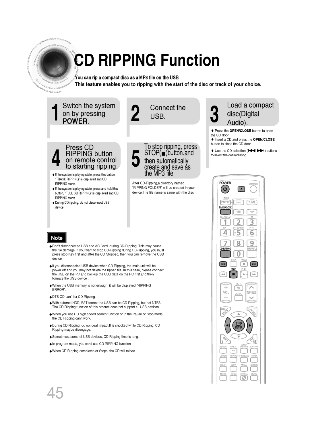 Samsung MM-C330/EDC, MM-C330D/XEN, MM-C330D/EDC, MM-C330D/XEE, MM-C330/XEE CD Ripping Function, Press CD, DiscDigital, Audio 