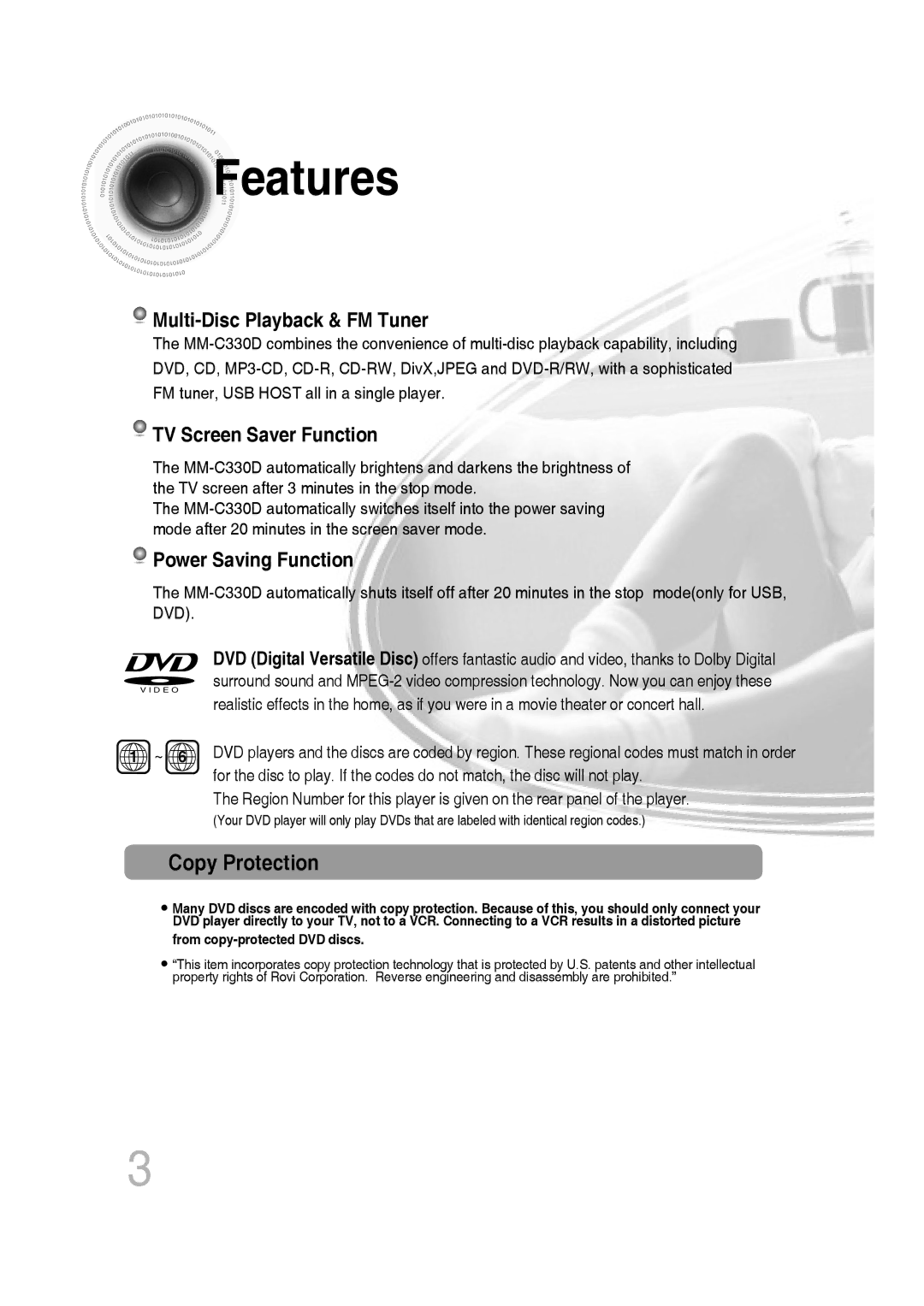 Samsung MM-C330D/XEN, MM-C330D/EDC, MM-C330/EDC, MM-C330D/XEE, MM-C330/XEE manual Features, Copy Protection 