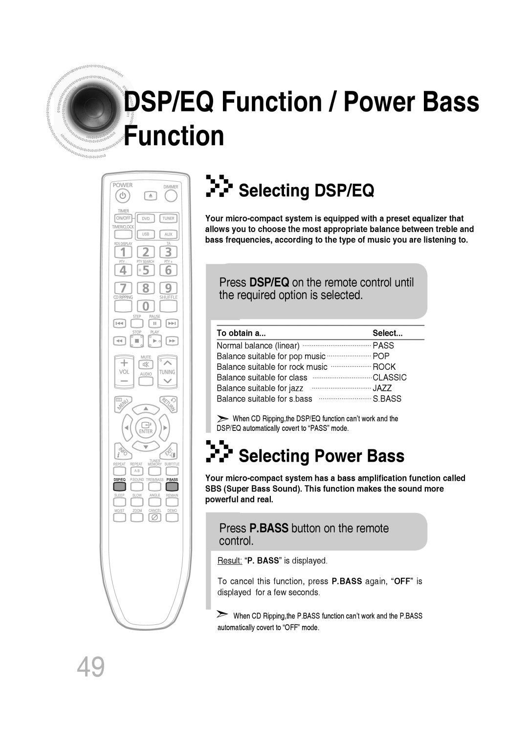 Samsung MM-C330D/EDC DSP/EQ Function / Power Bass Function, Press P.BASS button on the remote control, To obtain a Select 