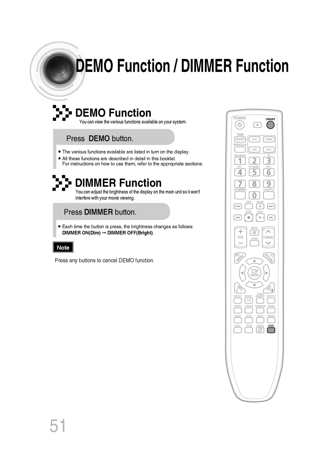 Samsung MM-C330D/XEE, MM-C330D/XEN, MM-C330D/EDC manual Press Demo button, Press Dimmer button, Dimmer ONDim Dimmer OFFBright 