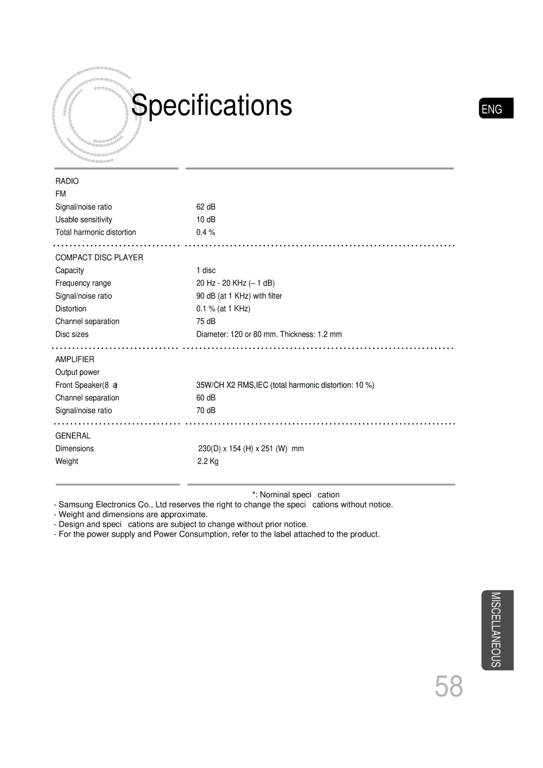 Samsung MM-C330D/XEN, MM-C330D/EDC, MM-C330/EDC, MM-C330D/XEE, MM-C330/XEE manual Specifications, Compact Disc Player 