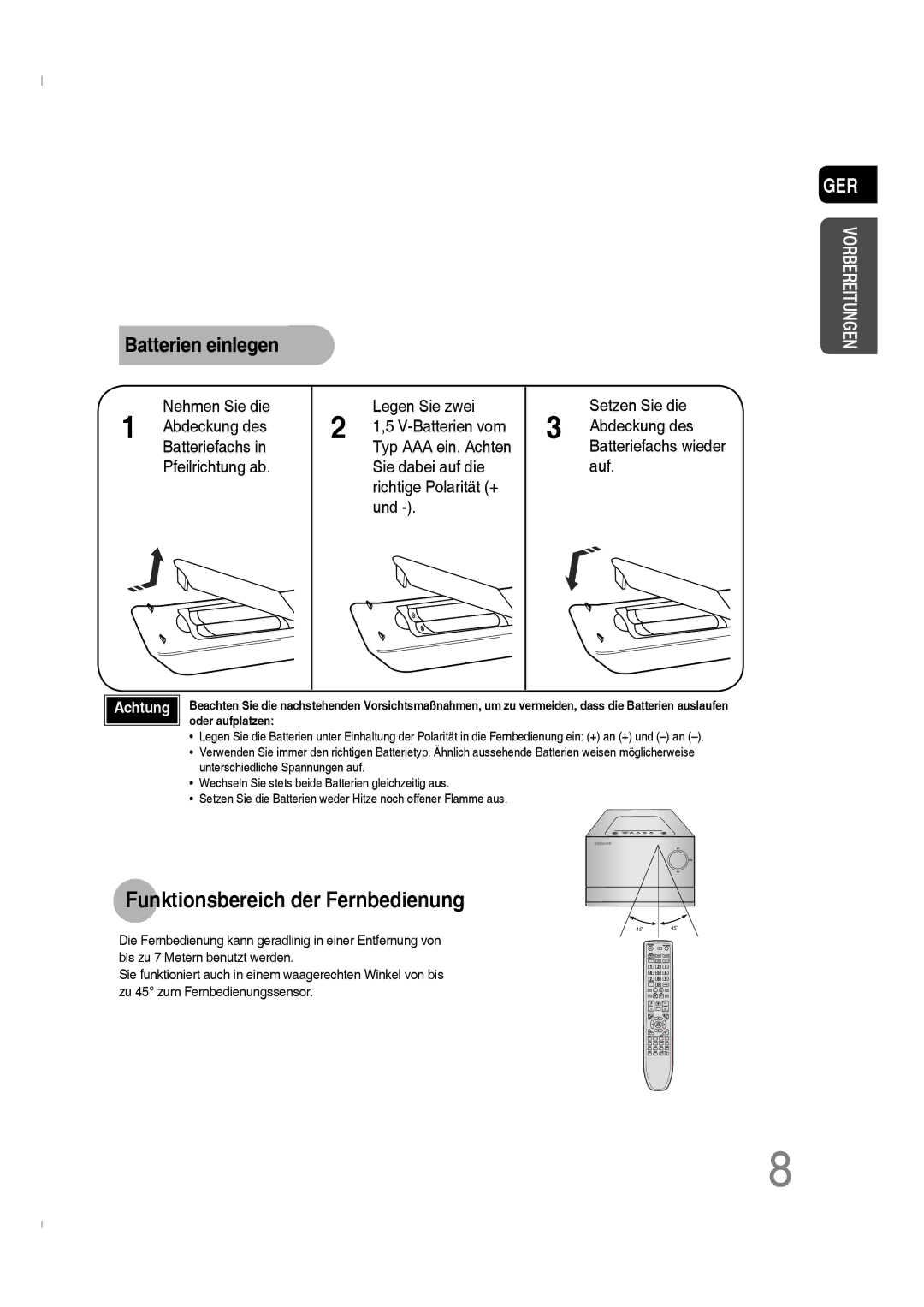 Samsung MM-C330D/XEN, MM-C330D/EDC manual Funktionsbereich der Fernbedienung, Batterien einlegen 