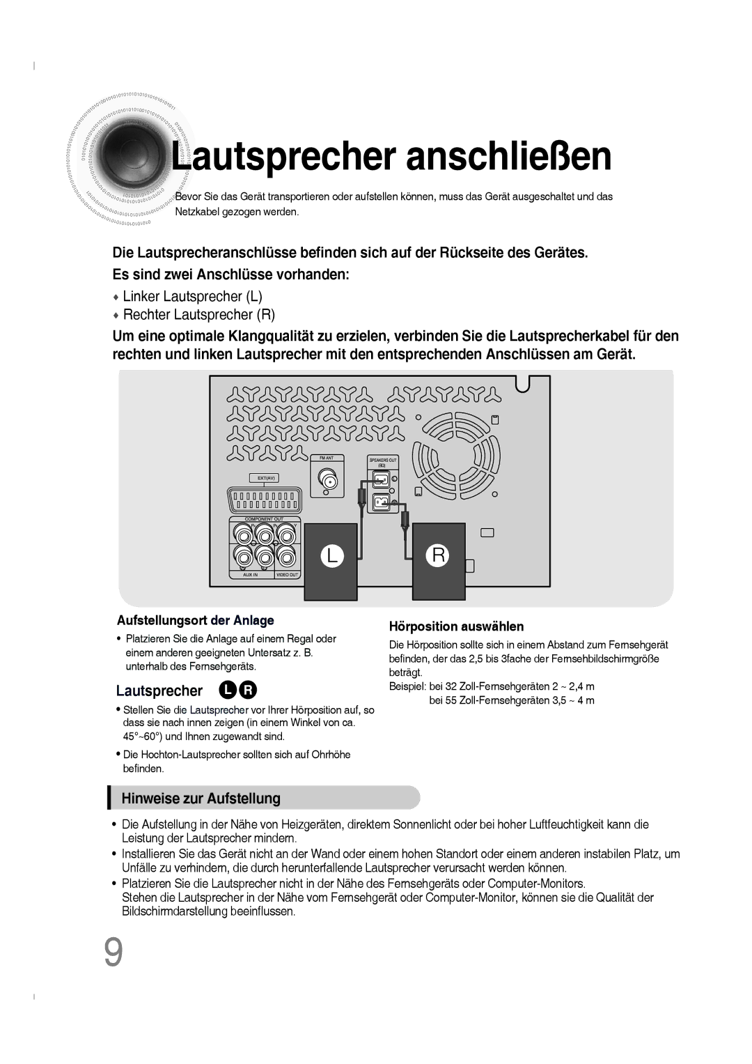 Samsung MM-C330D/EDC, MM-C330D/XEN Lautsprecher anschließen, Die Hochton-Lautsprecher sollten sich auf Ohrhöhe befinden 