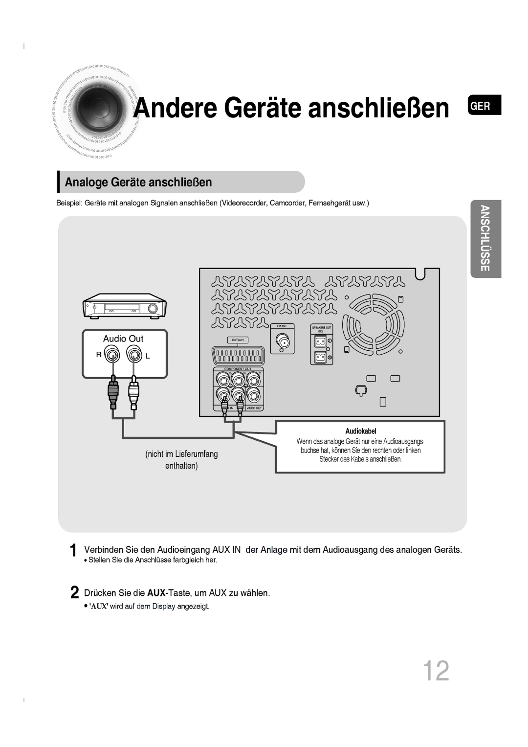 Samsung MM-C330D/XEN Andere Geräte anschließen, Analoge Geräte anschließen, Audiokabel, AUX wird auf dem Display angezeigt 