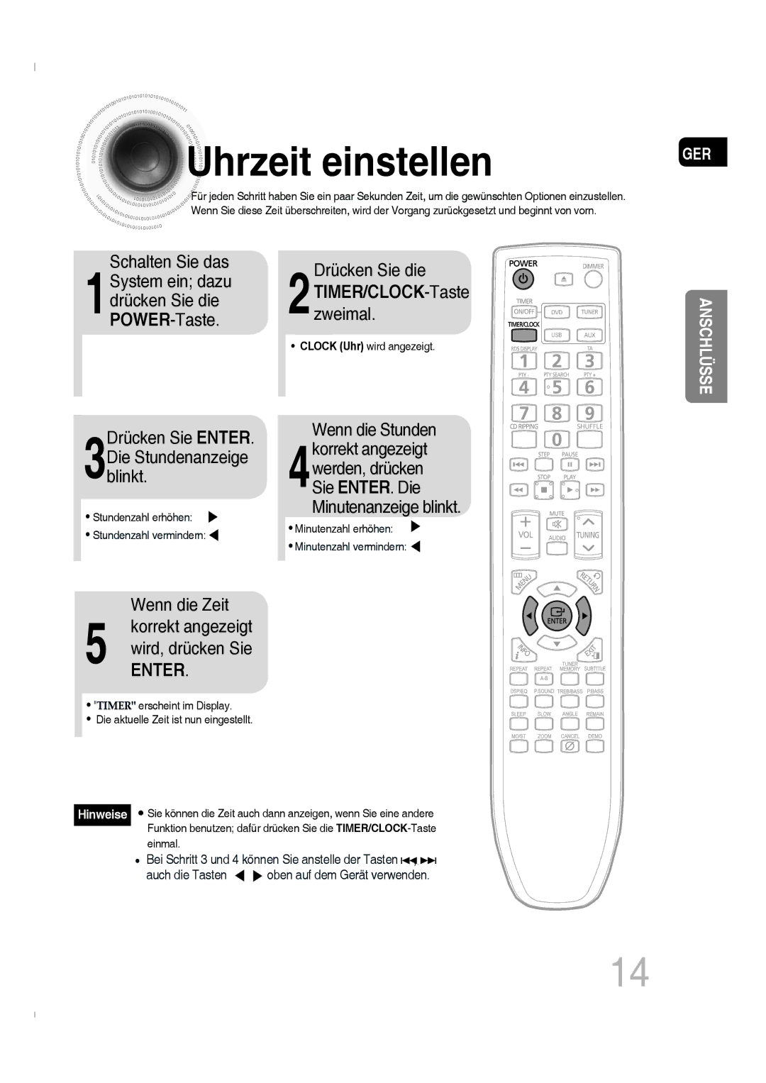 Samsung MM-C330D/XEN, MM-C330D/EDC manual Uhrzeit einstellen, 2TIMER/CLOCKzweimal. -Taste 