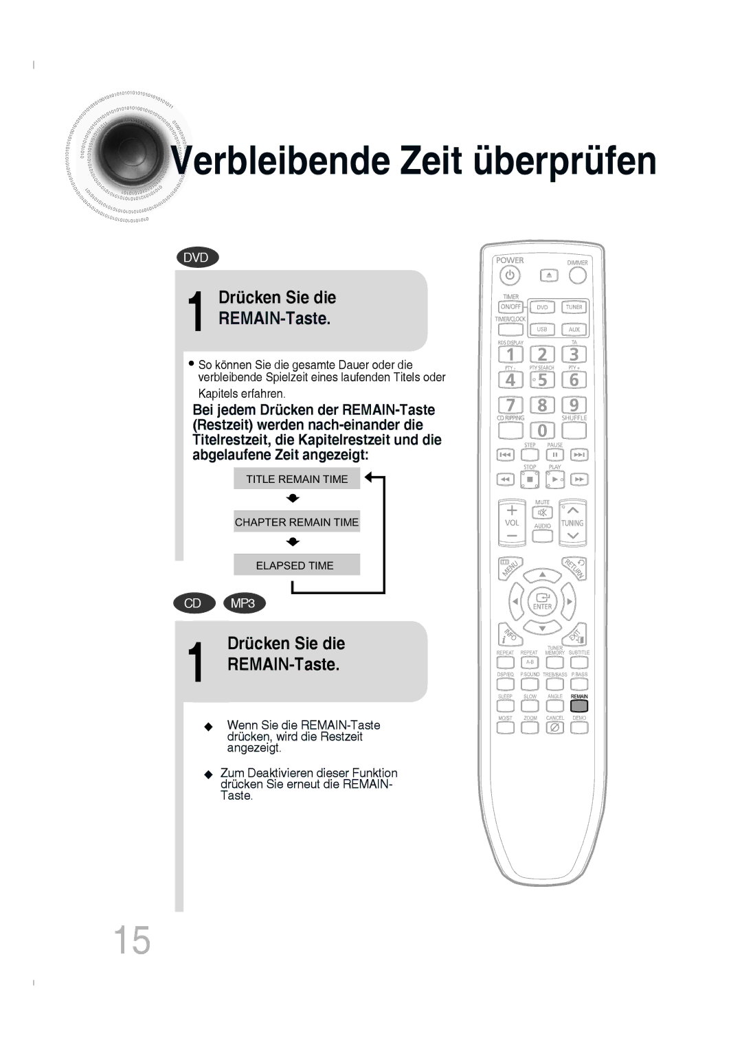 Samsung MM-C330D/EDC, MM-C330D/XEN manual Verbleibende Zeit überprüfen, Drücken Sie die REMAIN-Taste 