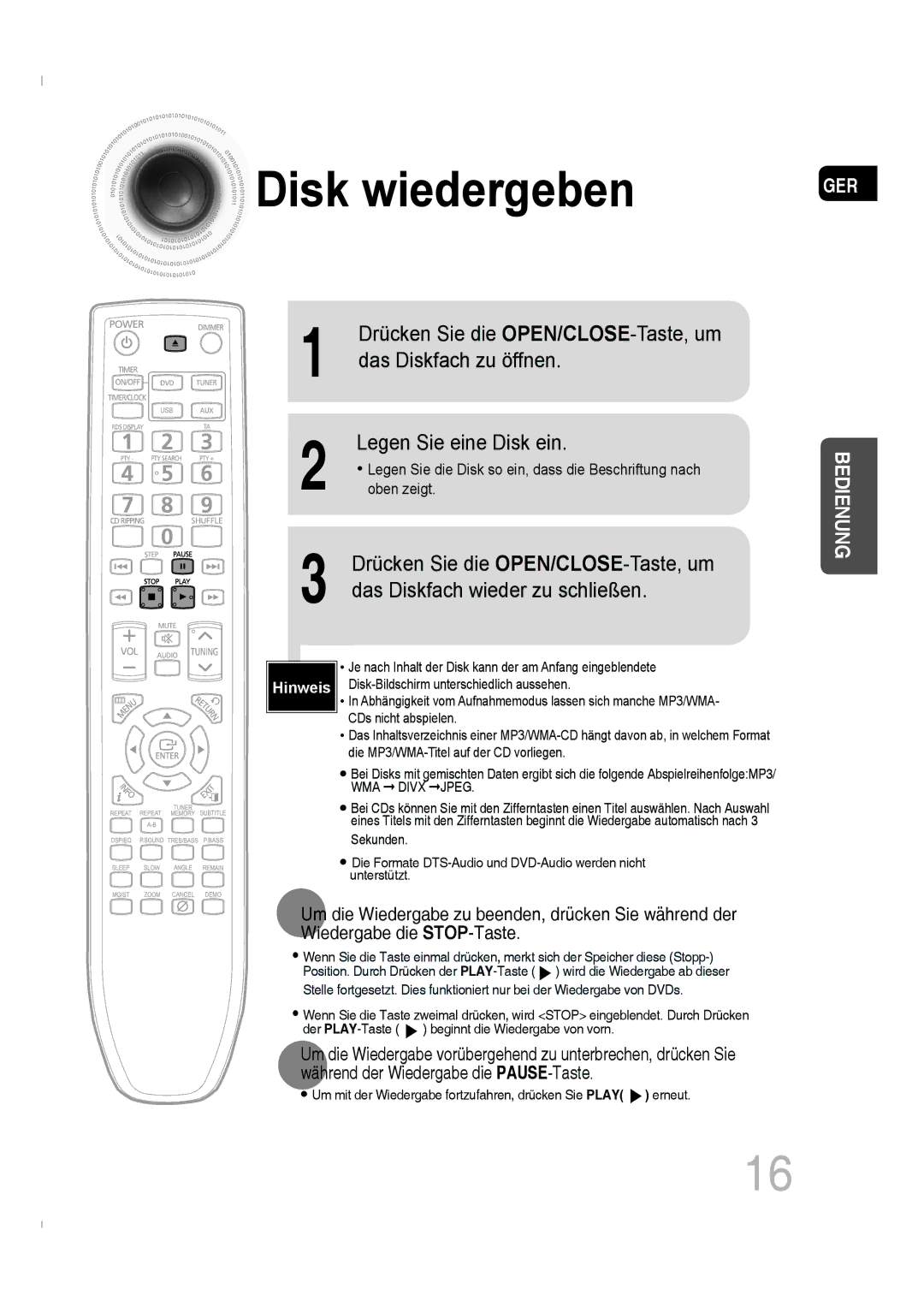 Samsung MM-C330D/XEN, MM-C330D/EDC manual Sekunden, Um mit der Wiedergabe fortzufahren, drücken Sie Play erneut 