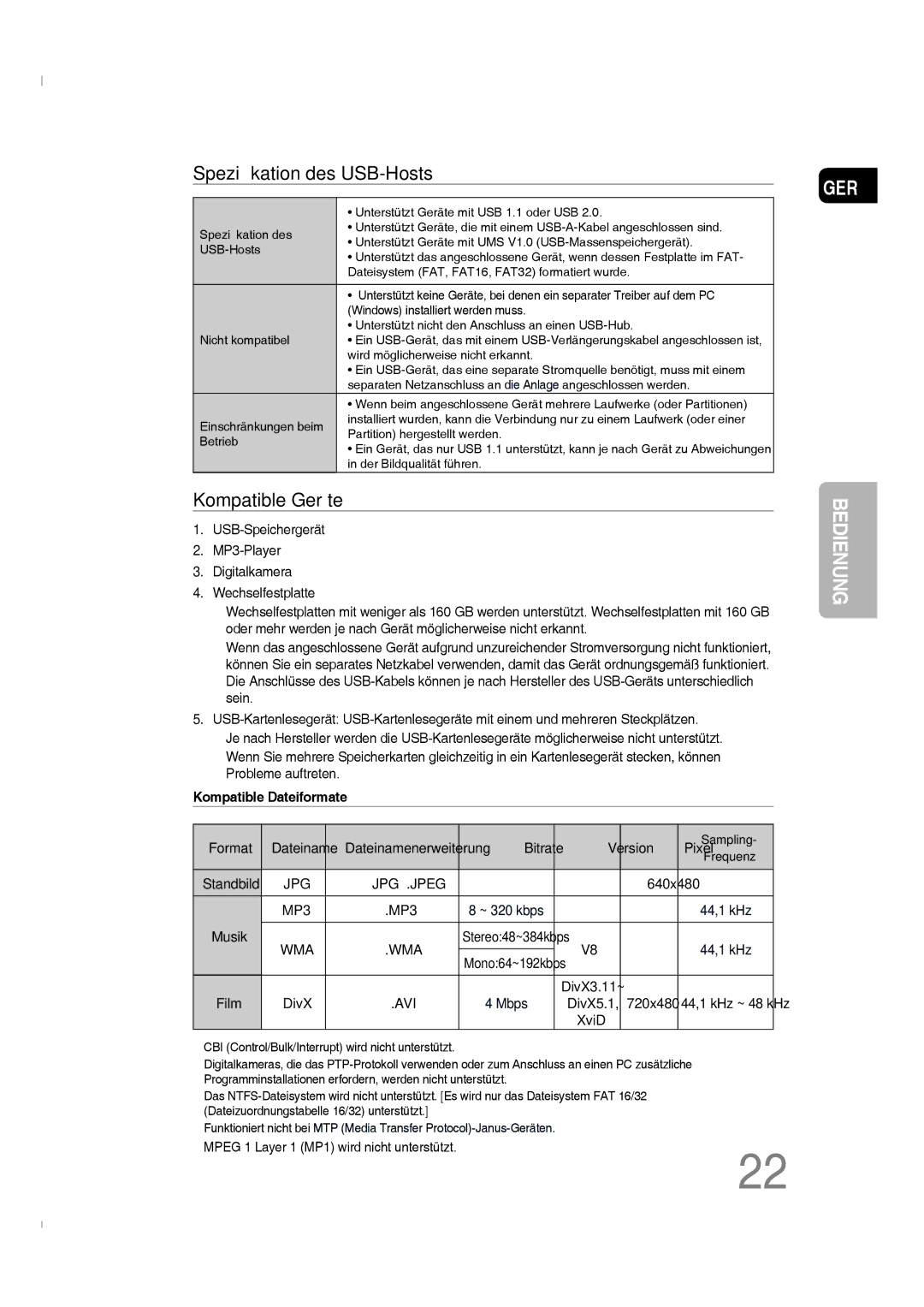 Samsung MM-C330D/XEN, MM-C330D/EDC manual Speziﬁkation des USB-Hosts, Kompatible Dateiformate 