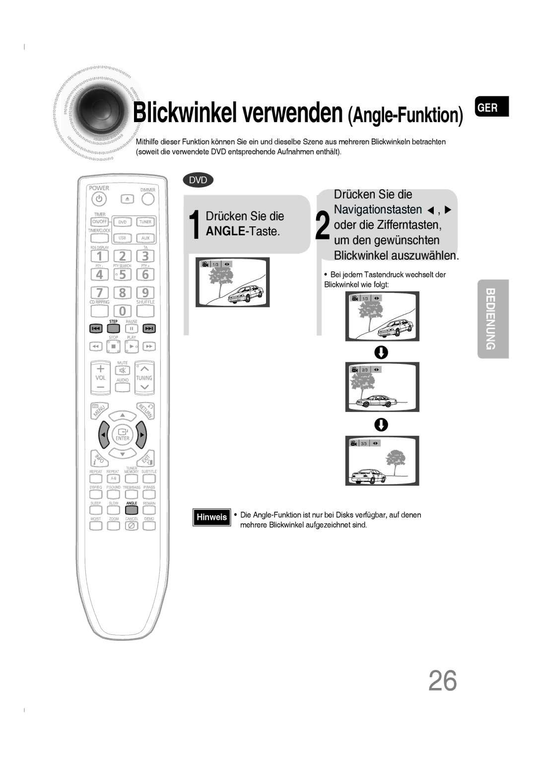 Samsung MM-C330D/XEN Die Angle-Funktion ist nur bei Disks verfügbar, auf denen, Mehrere Blickwinkel aufgezeichnet sind 