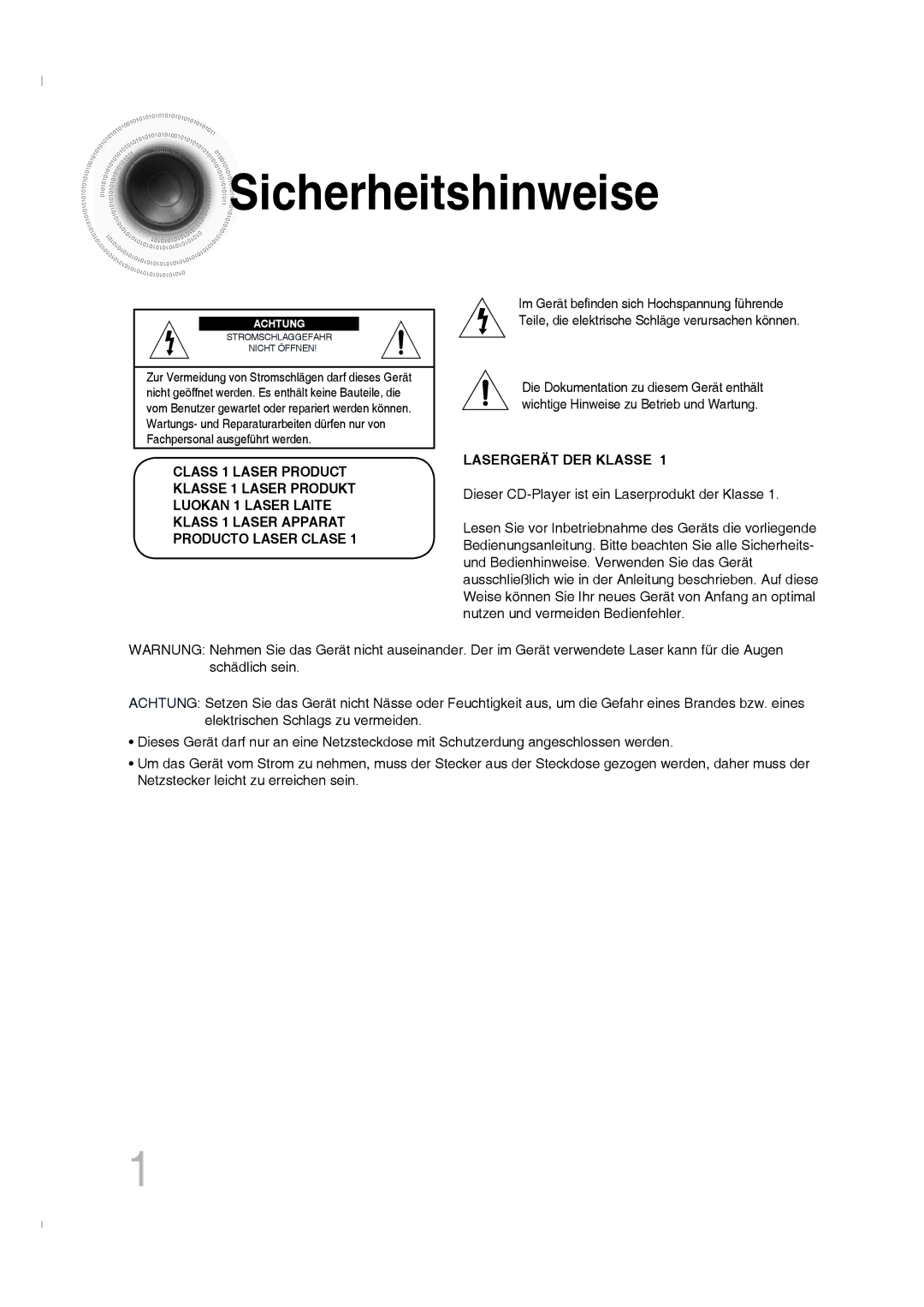 Samsung MM-C330D/EDC, MM-C330D/XEN manual Sicherheitshinweise, Dieser CD-Player ist ein Laserprodukt der Klasse 