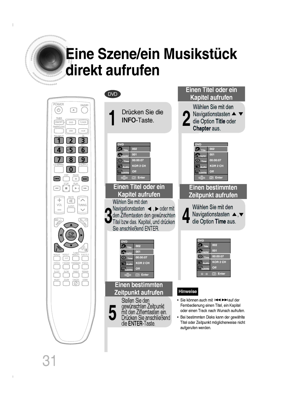 Samsung MM-C330D/EDC, MM-C330D/XEN manual Eine Szene/ein Musikstück direkt aufrufen, Stellen Sie den 