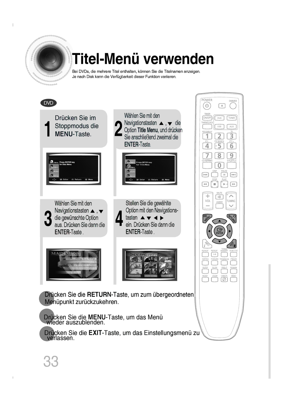 Samsung MM-C330D/EDC, MM-C330D/XEN manual Titel-Menü verwenden 