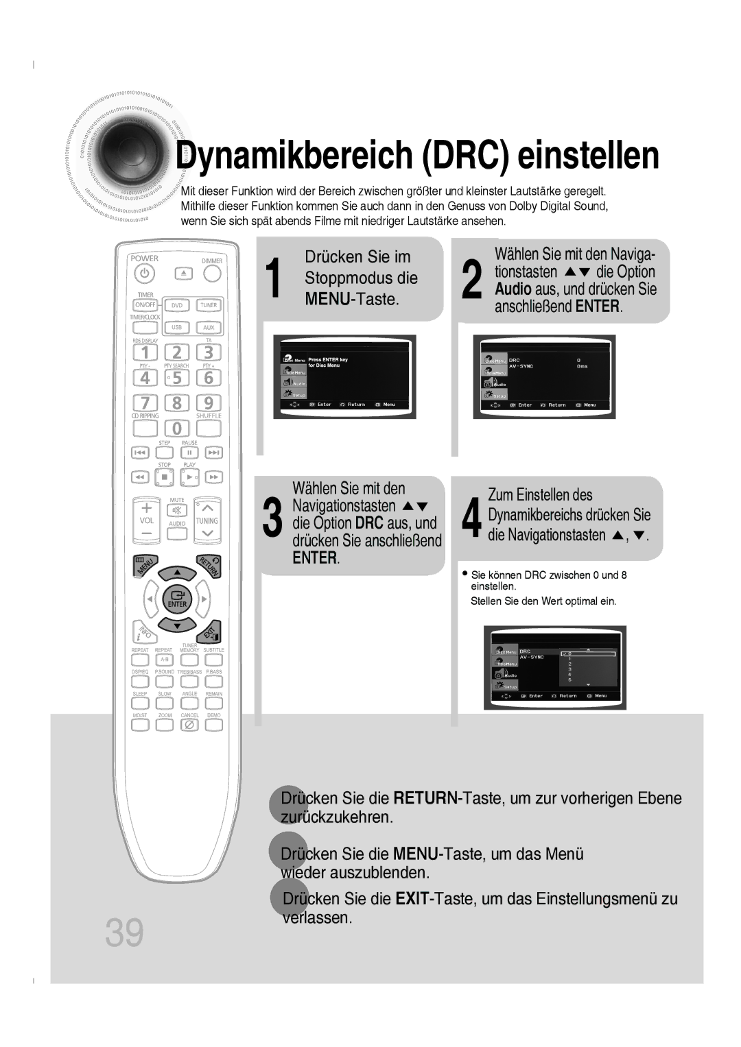 Samsung MM-C330D/EDC, MM-C330D/XEN manual MENU-Taste, Zum Einstellen des, Verlassen 