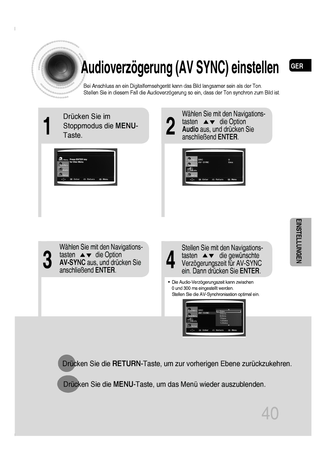 Samsung MM-C330D/XEN, MM-C330D/EDC manual Wählen Sie mit den Navigations, Stellen Sie mit den Navigations 