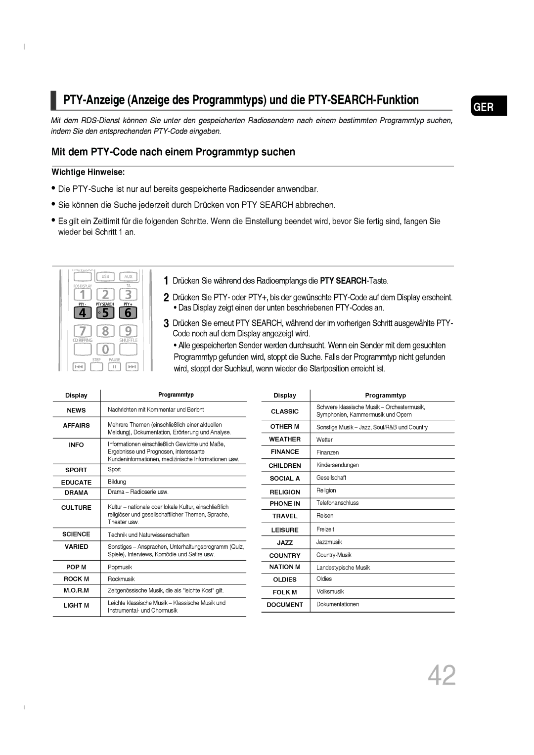 Samsung MM-C330D/XEN, MM-C330D/EDC manual Mit dem PTY-Code nach einem Programmtyp suchen, Wichtige Hinweise 