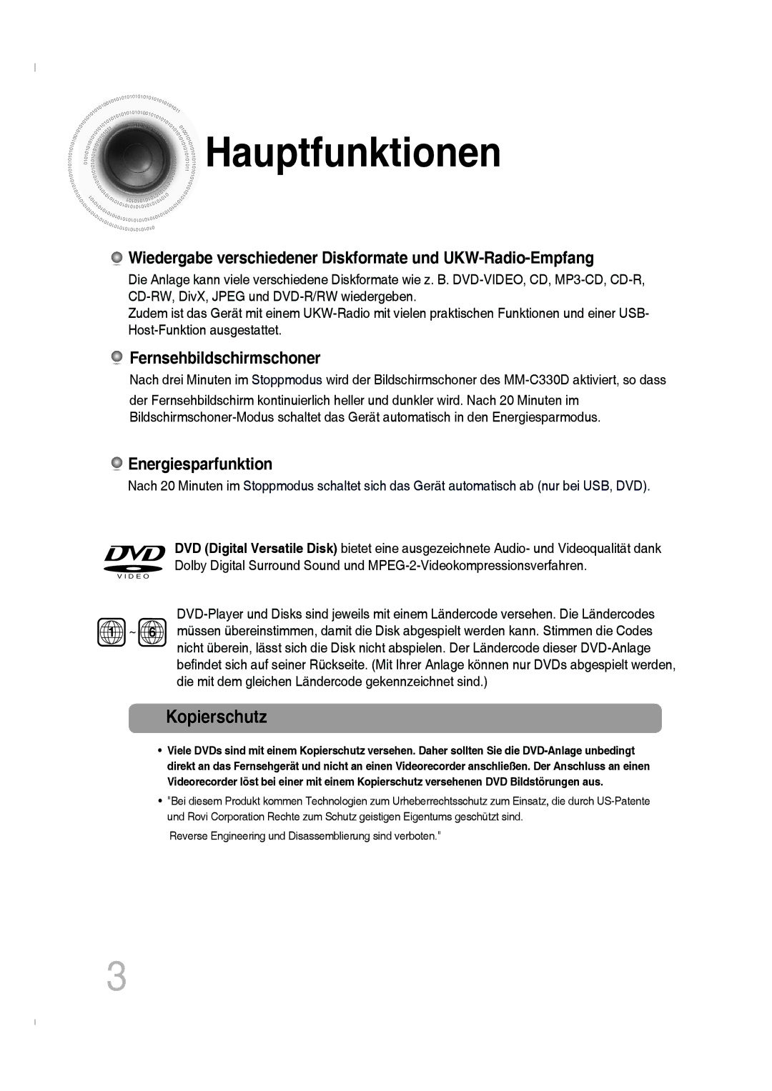 Samsung MM-C330D/EDC, MM-C330D/XEN Hauptfunktionen, Kopierschutz, Reverse Engineering und Disassemblierung sind verboten 