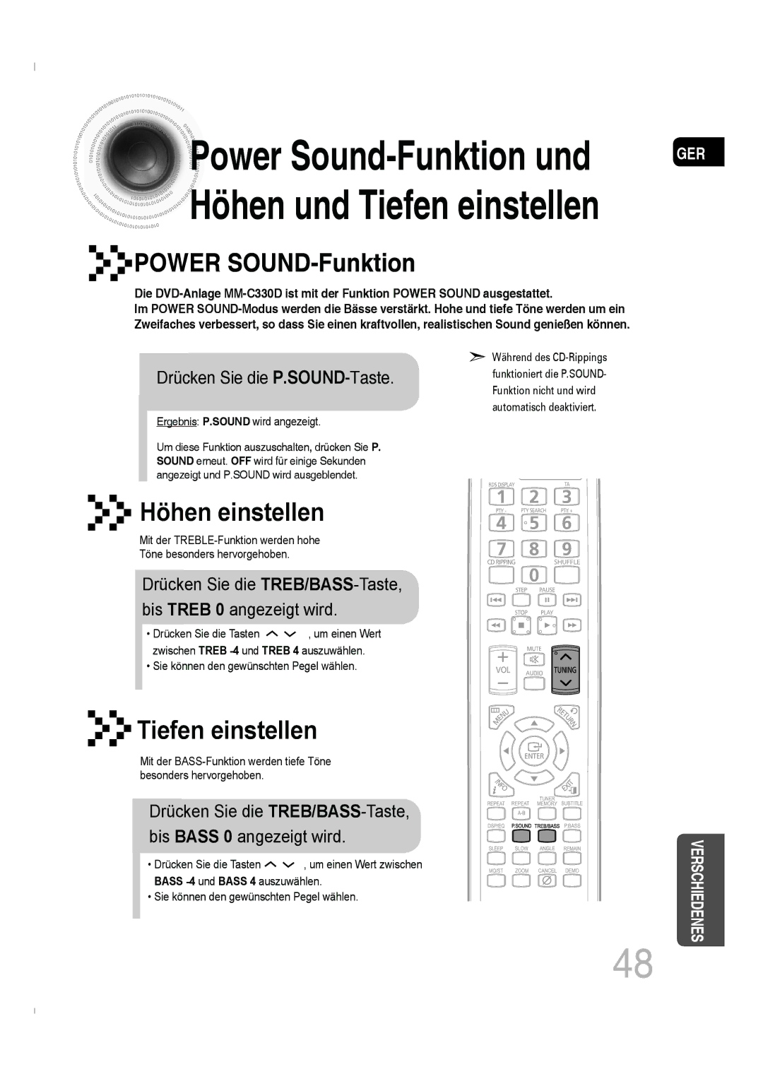 Samsung MM-C330D/XEN, MM-C330D/EDC Power Sound-Funktion und Höhen und Tiefen einstellen, Drücken Sie die P.SOUND-Taste 