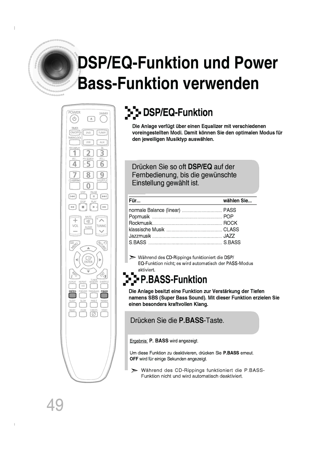 Samsung MM-C330D/EDC, MM-C330D/XEN manual Drücken Sie die P.BASS-Taste, Für, Wählen Sie 