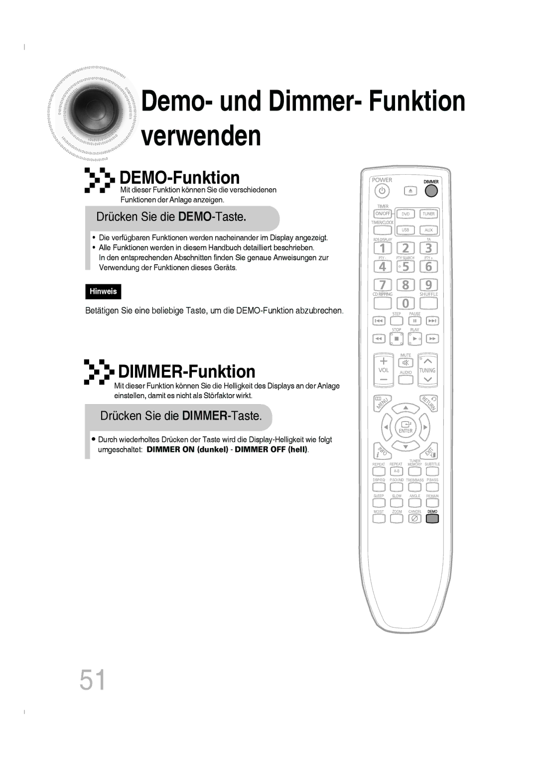 Samsung MM-C330D/EDC manual Demo- und Dimmer- Funktion verwenden, Drücken Sie die DEMO-Taste, Drücken Sie die DIMMER-Taste 