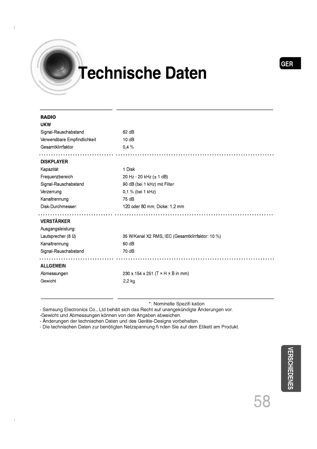 Samsung MM-C330D/XEN, MM-C330D/EDC manual Technische Daten, Diskplayer 