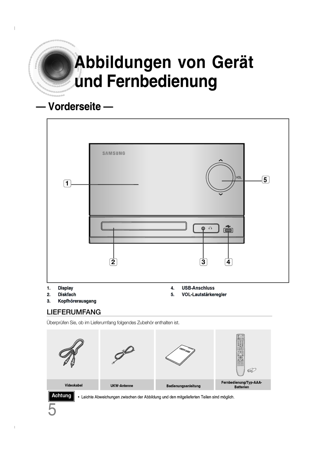 Samsung MM-C330D/EDC manual Abbildungen von Gerät und Fernbedienung, Display USB-Anschluss Diskfach, Kopfhörerausgang 