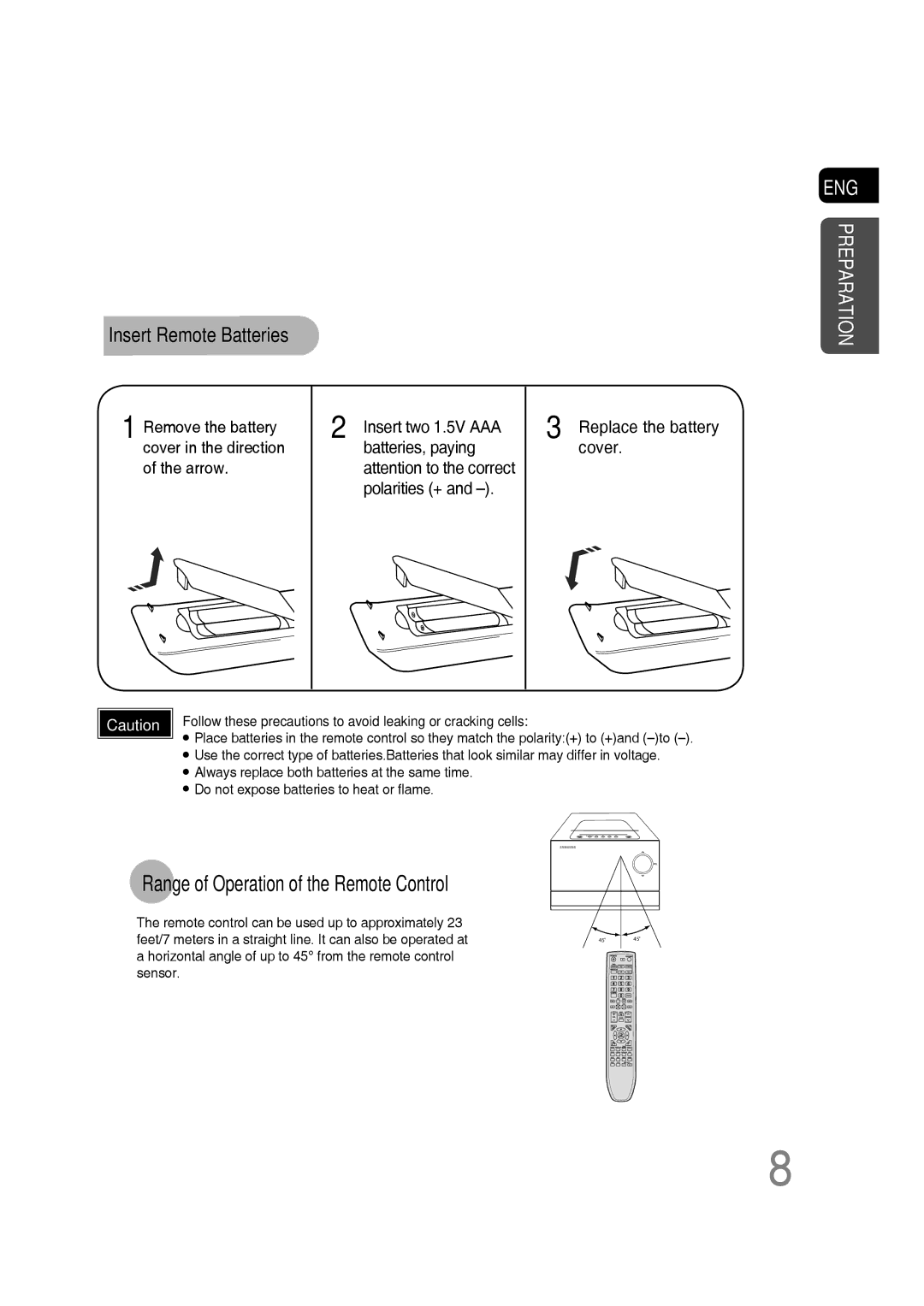 Samsung MM-C330D/XER manual Range of Operation of the Remote Control, Insert Remote Batteries 