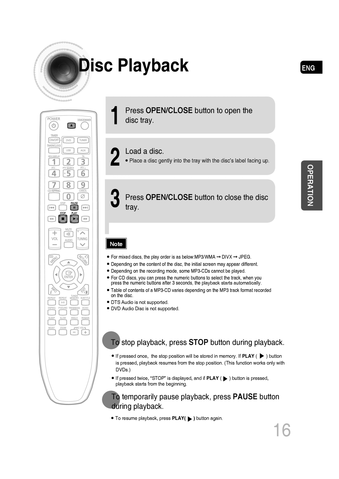 Samsung MM-C330D/XER manual Disc Playback, Press OPEN/CLOSE button to open the disc tray Load a disc 