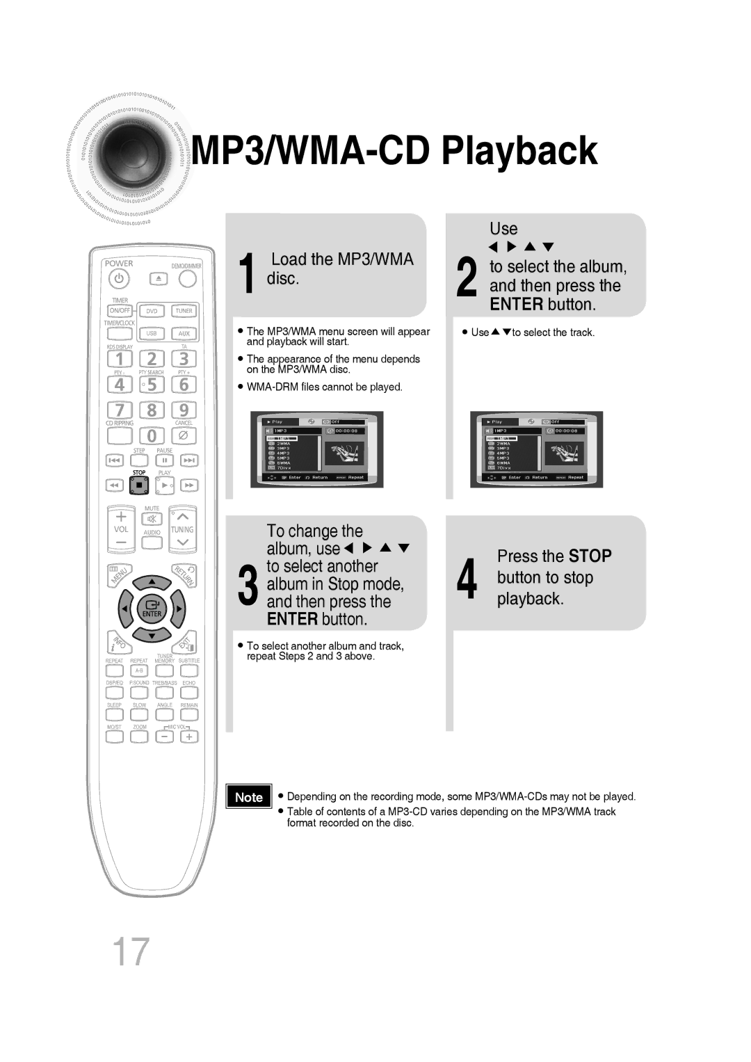 Samsung MM-C330D/XER manual MP3/WMA-CD Playback, Load the MP3/WMA disc Use, To change the album, use, Press the Stop 