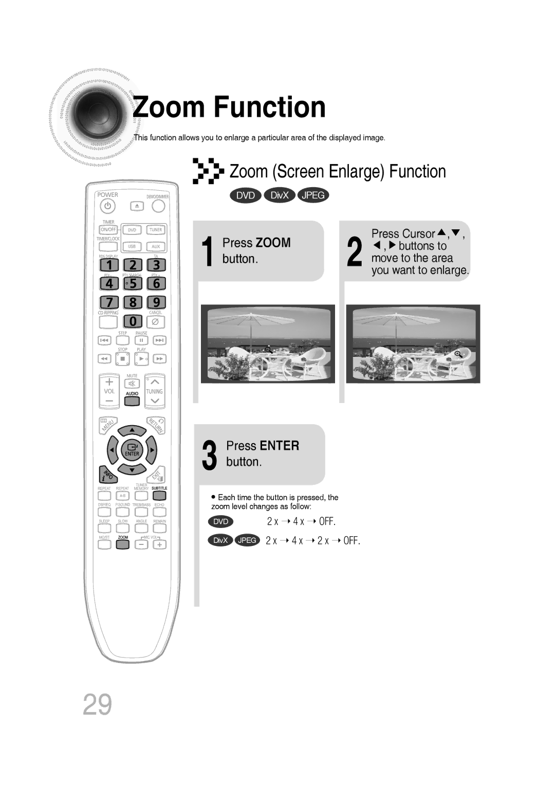 Samsung MM-C330D/XER manual Zoom Function, Zoom Screen Enlarge Function 