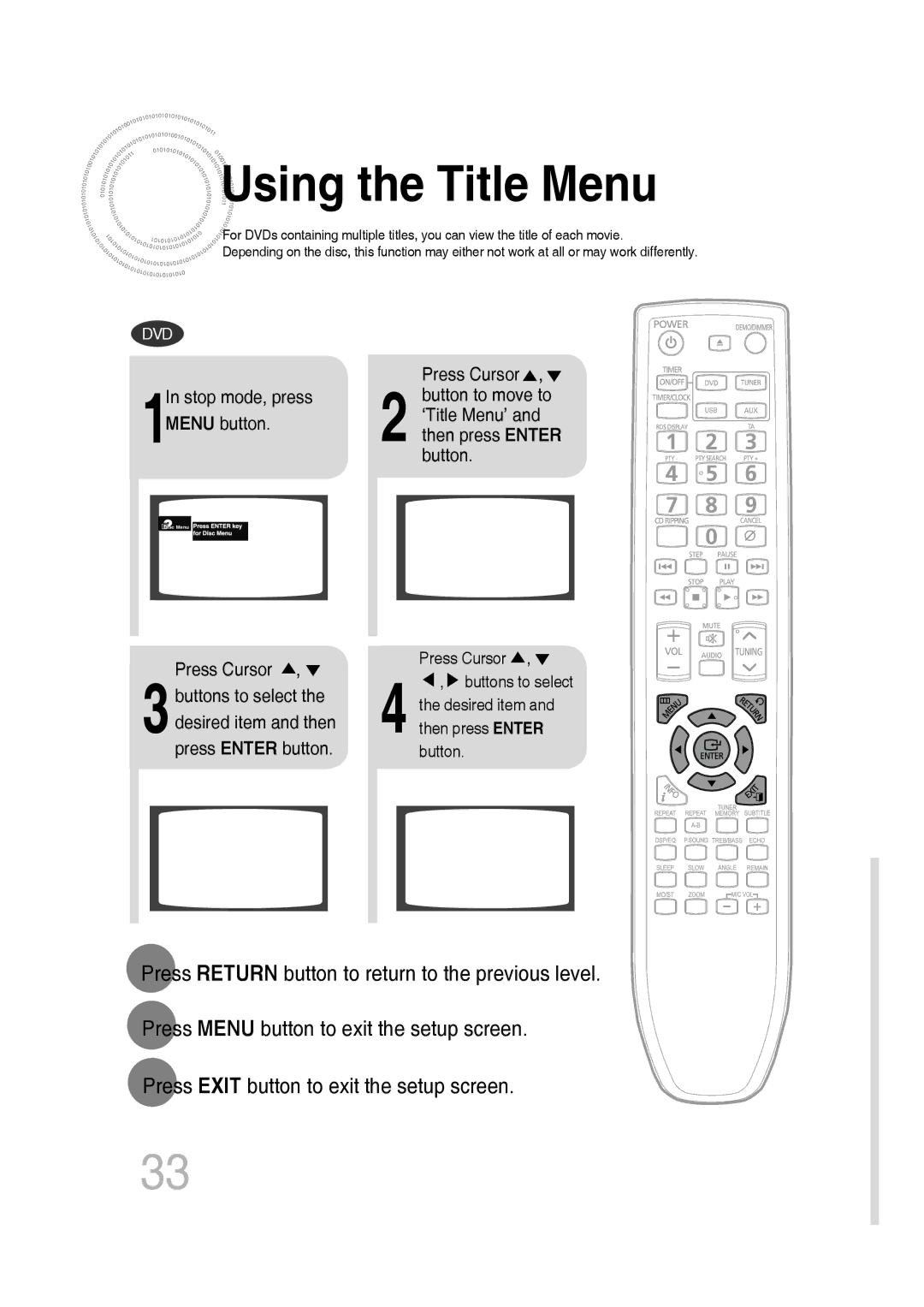 Samsung MM-C330D/XER manual Using the Title Menu 