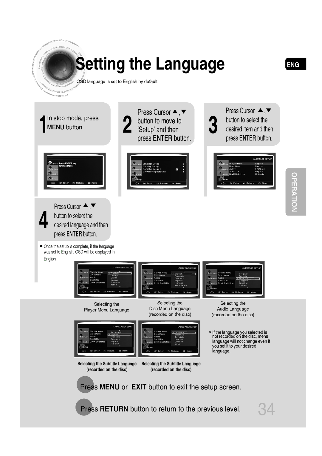 Samsung MM-C330D/XER manual Setting the Language, Press Cursor, Button to move to, ‘Setup’ and then 