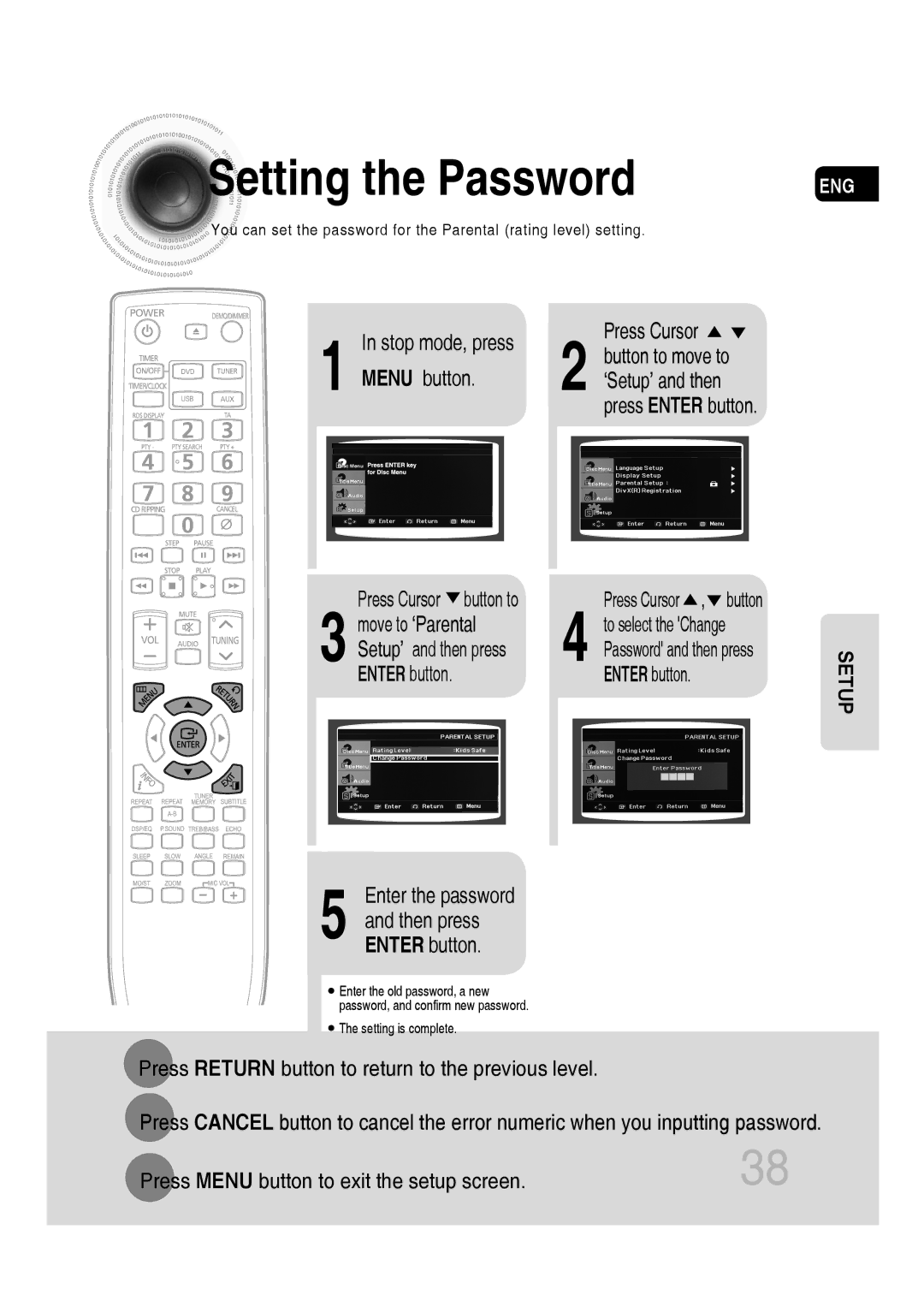 Samsung MM-C330D/XER manual Setting the Password, Press Enter button, Move to ‘Parental, Then press 