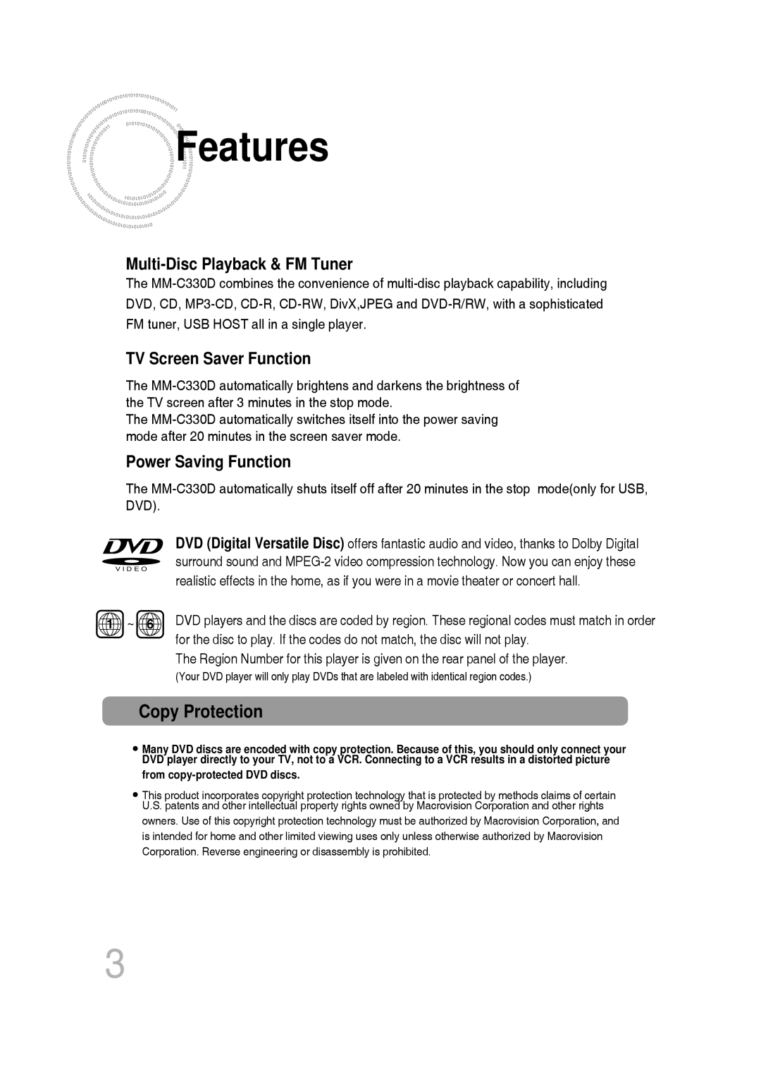 Samsung MM-C330D/XER manual Features, Copy Protection 