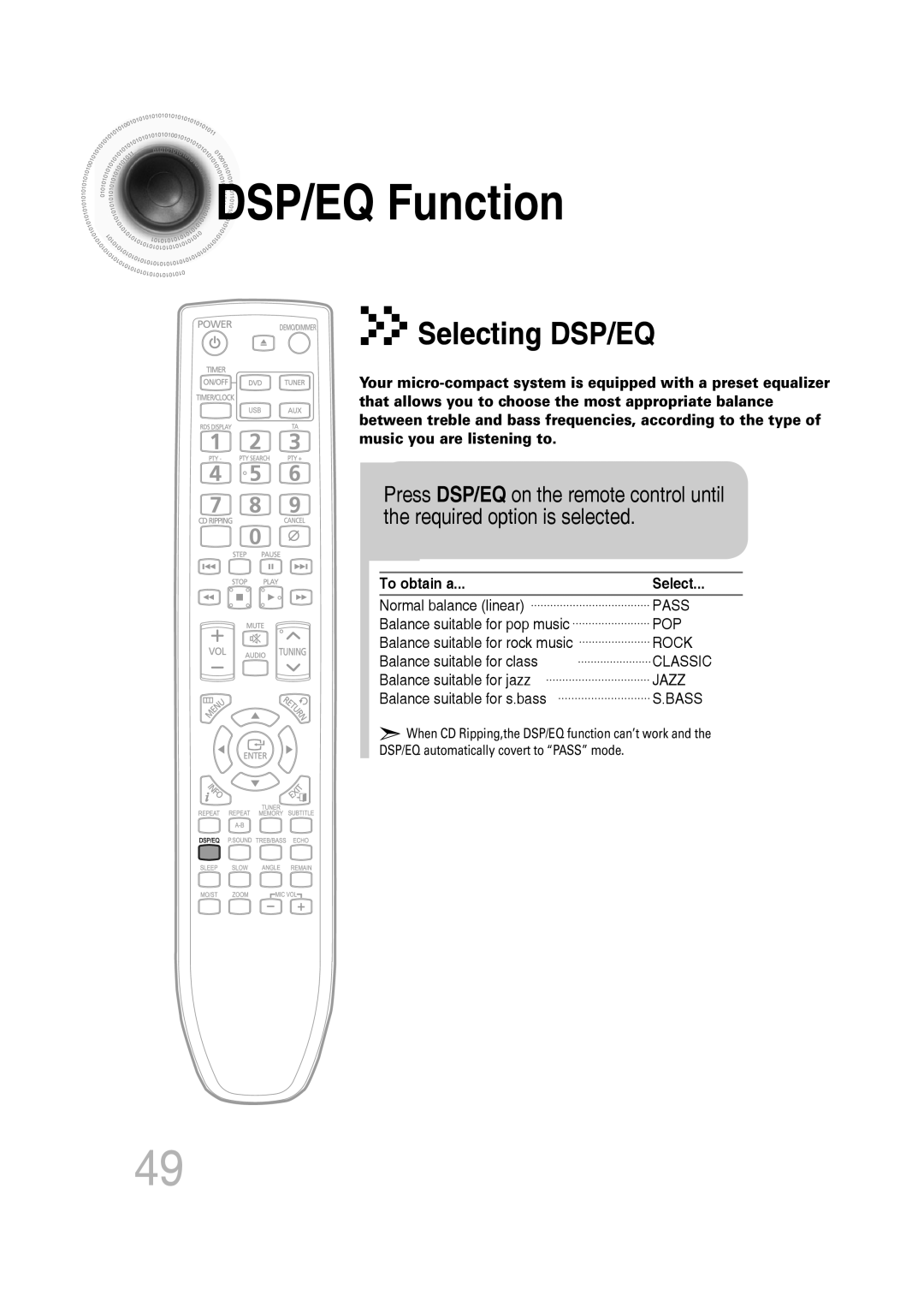 Samsung MM-C330D/XER manual DSP/EQ Function, To obtain a Select 