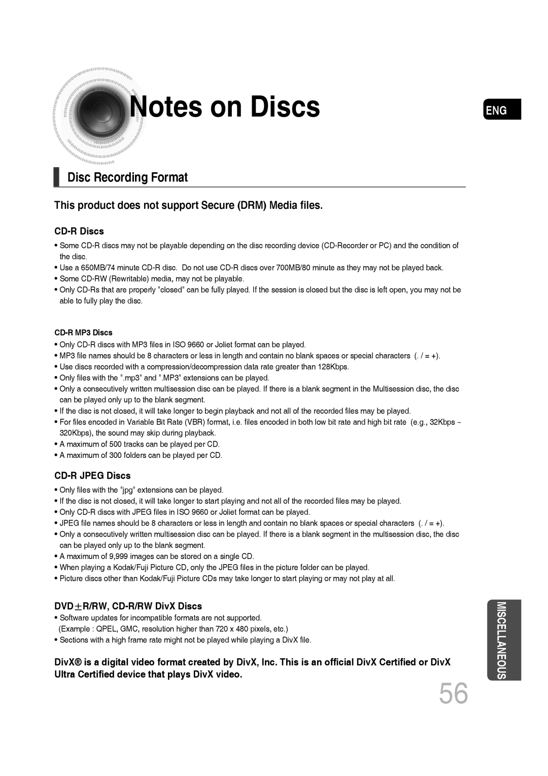 Samsung MM-C330D/XER manual Disc Recording Format, This product does not support Secure DRM Media files 