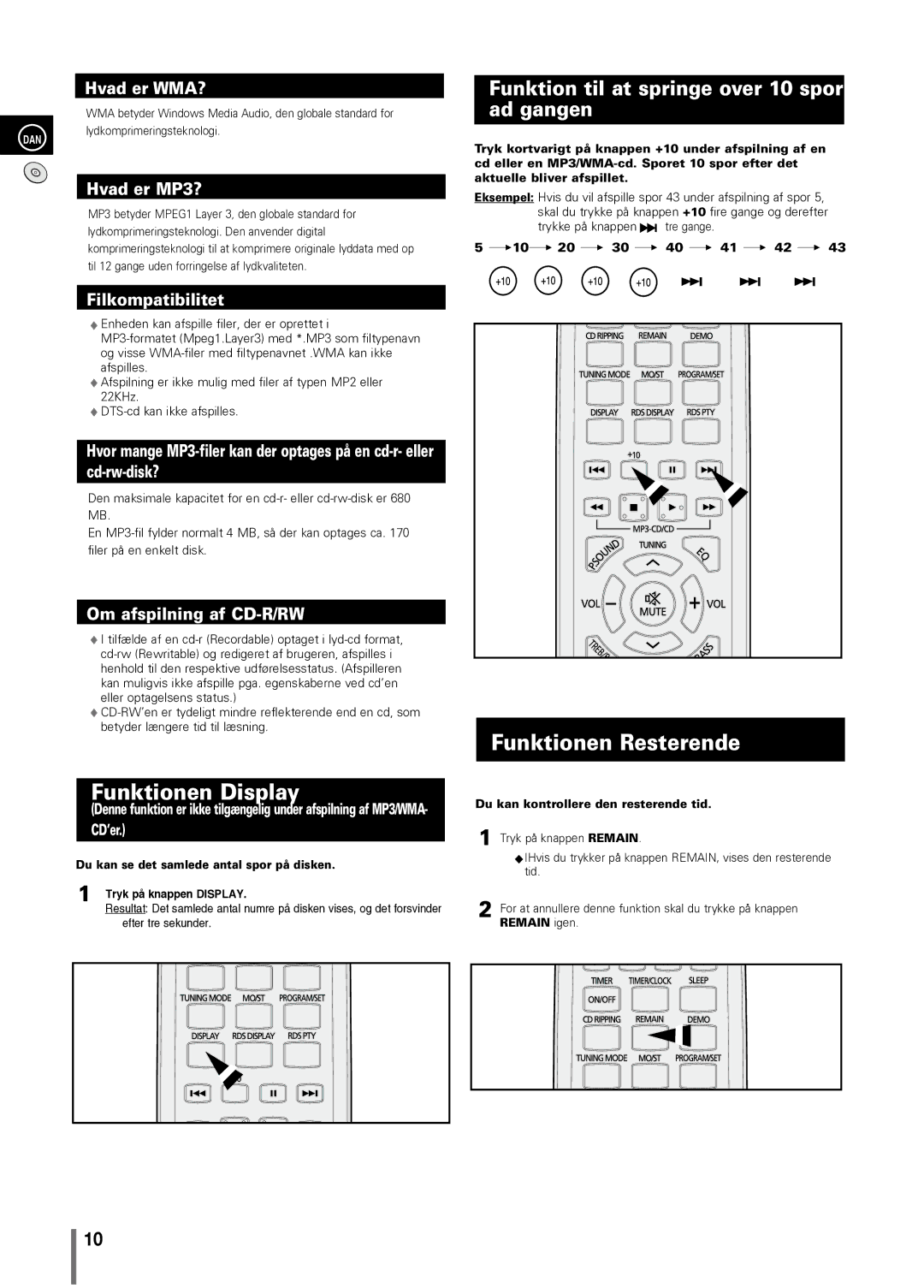 Samsung MM-C330/XEE manual Funktionen Display, Funktionen Resterende, Funktion til at springe over 10 spor ad gangen 