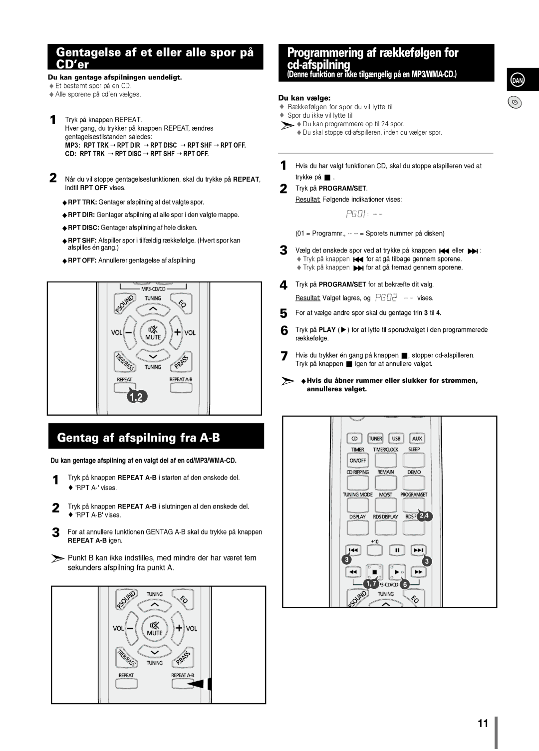 Samsung MM-C330/XEE manual Programmering af rækkefølgen for cd-afspilning, Gentagelse af et eller alle spor på CD’er 