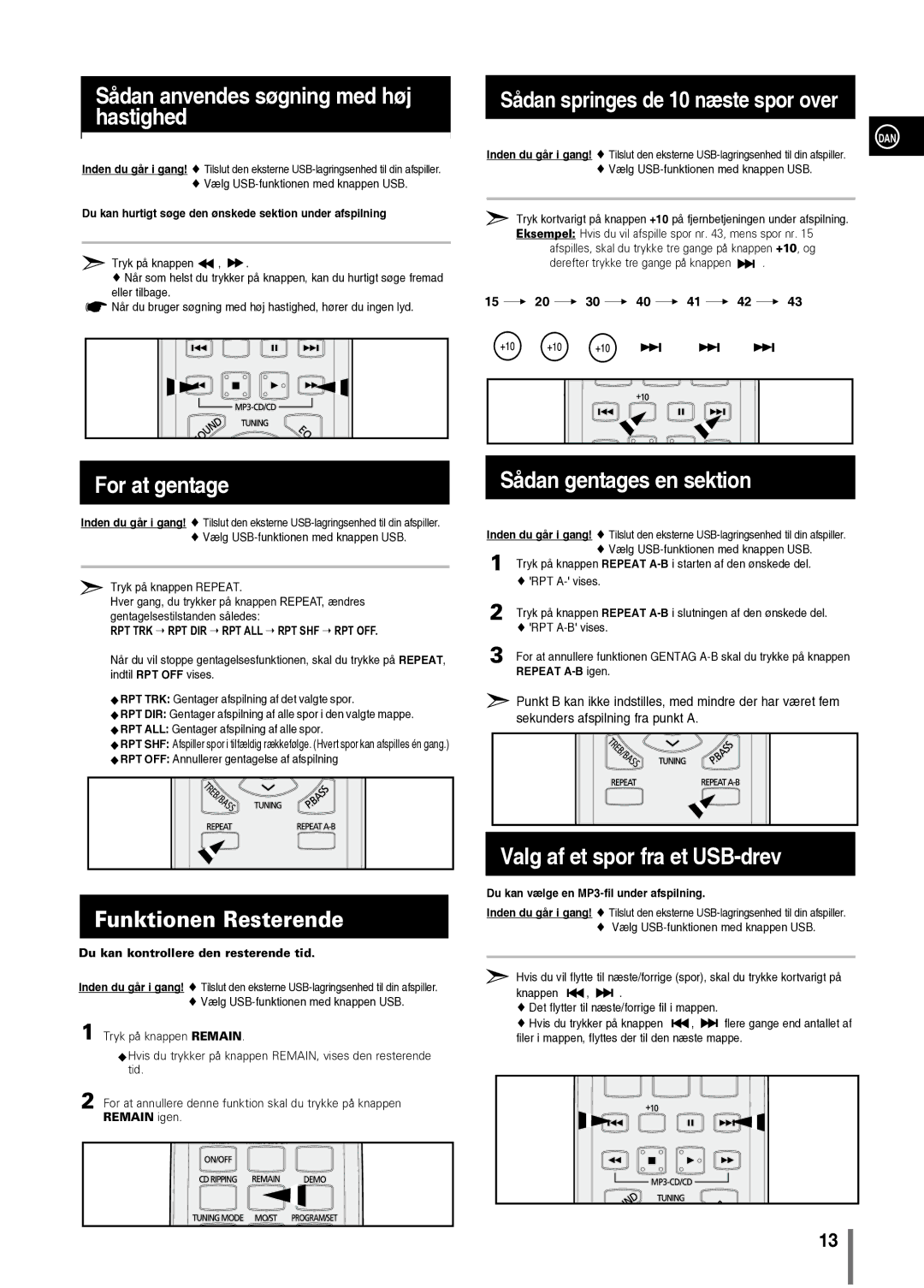 Samsung MM-C330/XEE manual Du kan hurtigt søge den ønskede sektion under afspilning, Remain igen 