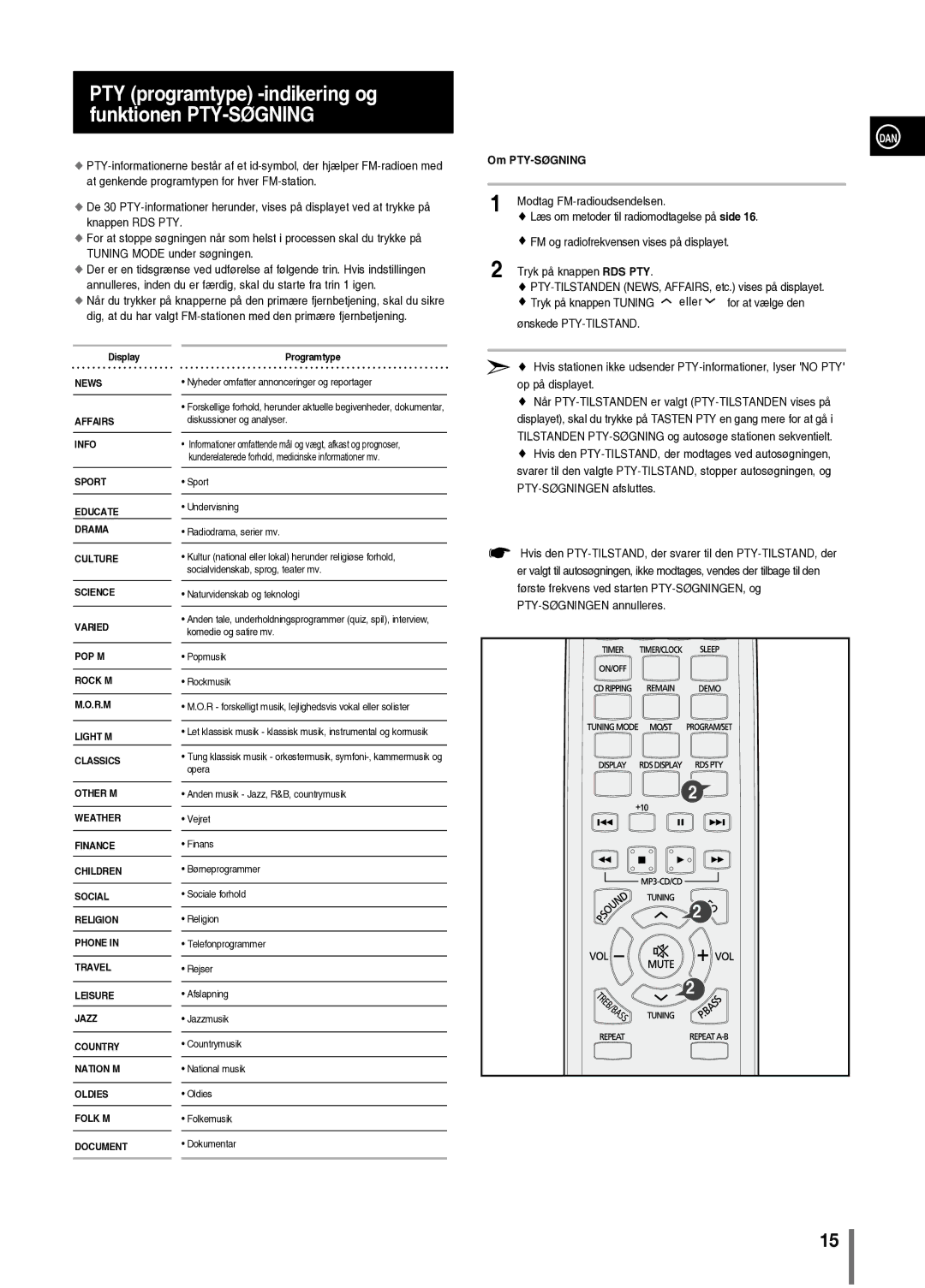 Samsung MM-C330/XEE manual PTY programtype -indikering og funktionen PTY-SØGNING, Om PTY-SØGNING 