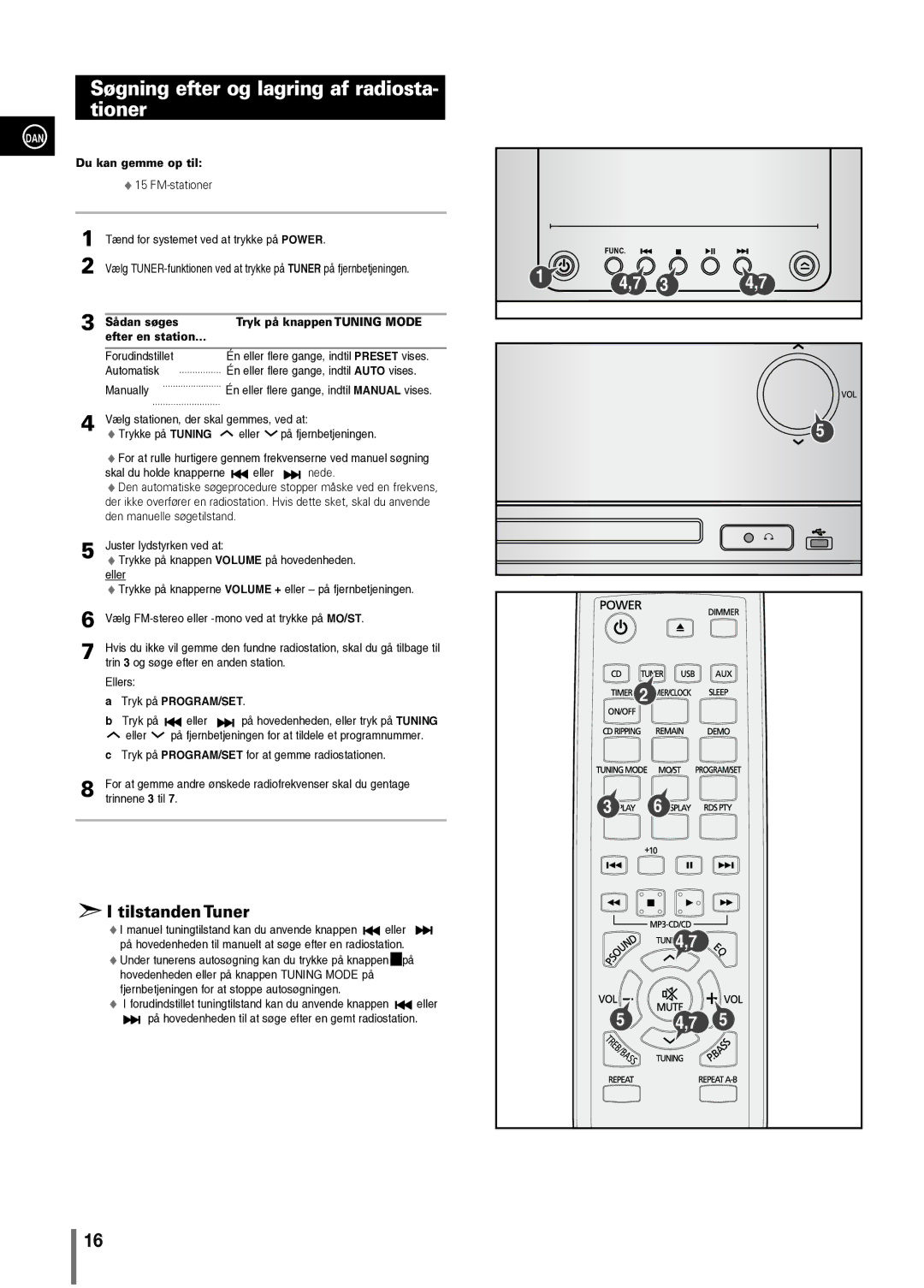 Samsung MM-C330/XEE manual Søgning efter og lagring af radiosta- tioner, Du kan gemme op til, Sådan søges, Efter en station 