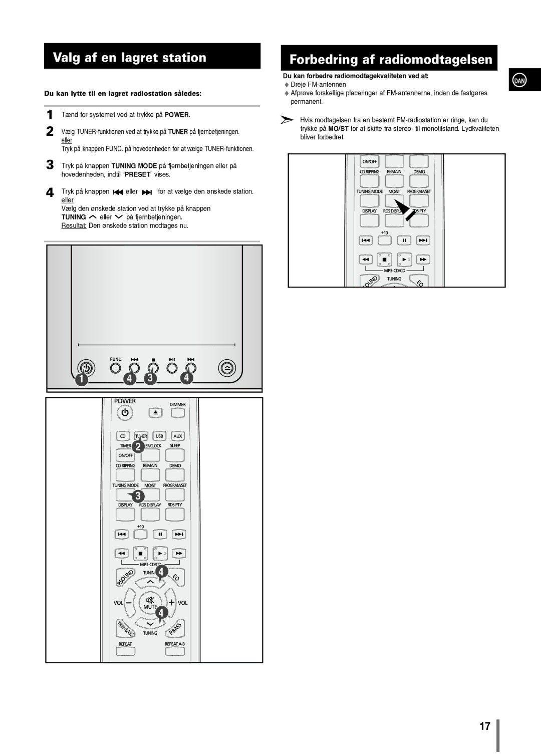 Samsung MM-C330/XEE manual Valg af en lagret station, Forbedring af radiomodtagelsen 