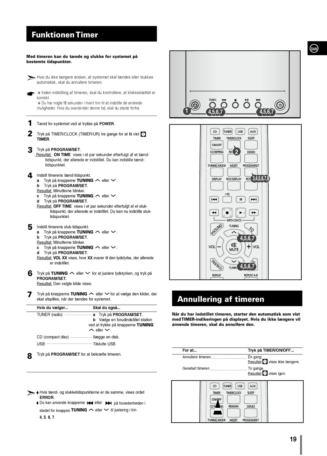 Samsung MM-C330/XEE manual Funktionen Timer, Annullering af timeren, Hvis du vælger Skal du også 