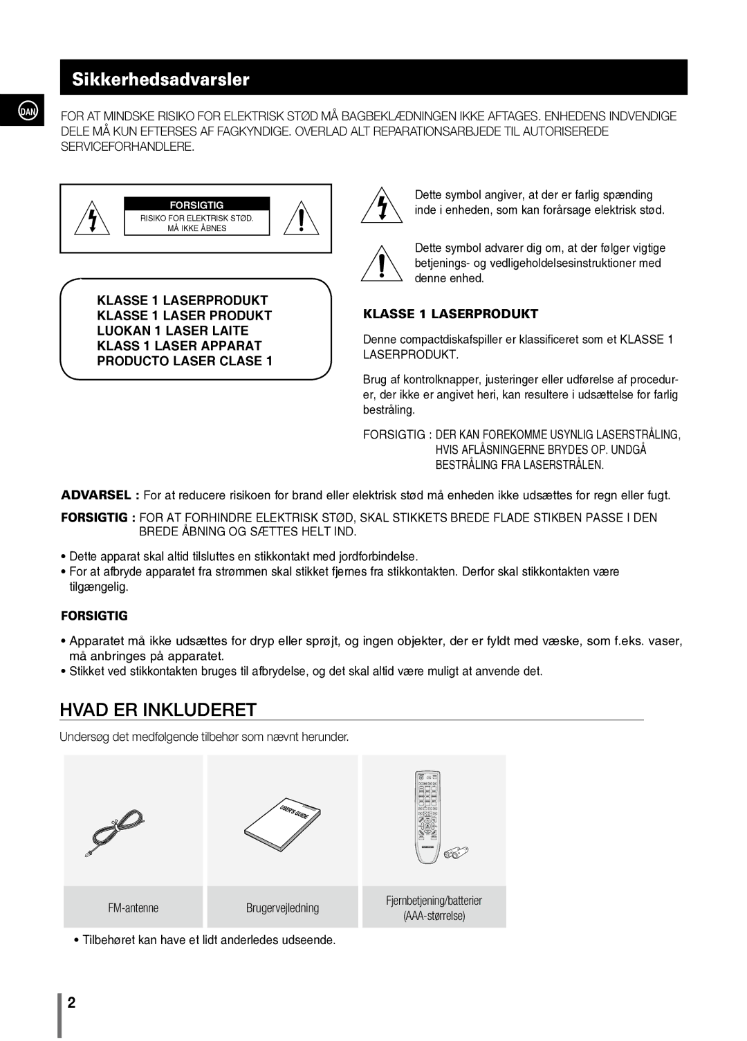 Samsung MM-C330/XEE manual Sikkerhedsadvarsler, Klasse 1 Laserprodukt 