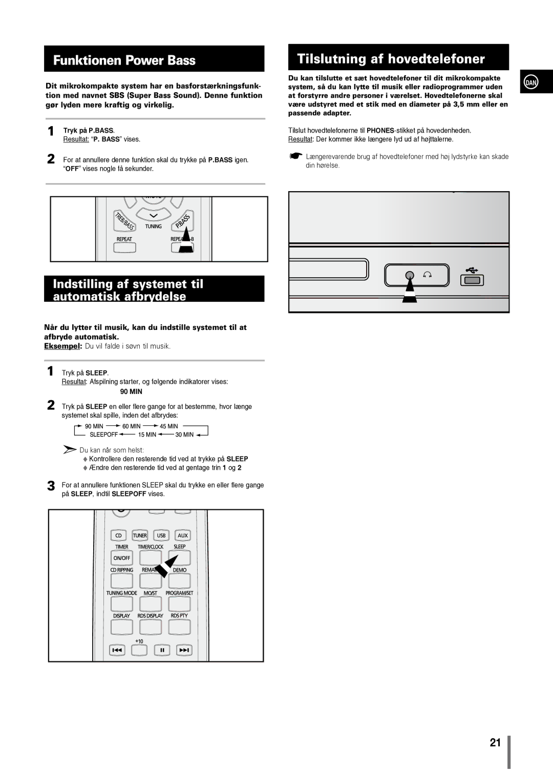 Samsung MM-C330/XEE manual Funktionen Power Bass, Tilslutning af hovedtelefoner, Tryk på P.BASS, 90 MIN 