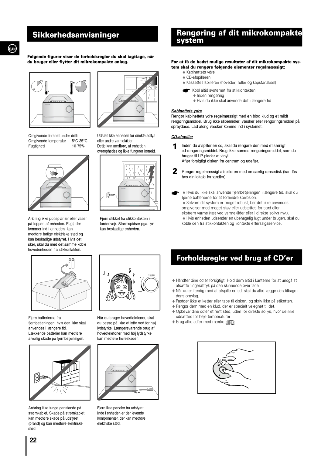 Samsung MM-C330/XEE manual Sikkerhedsanvisninger, Rengøring af dit mikrokompakte system, Forholdsregler ved brug af CD’er 