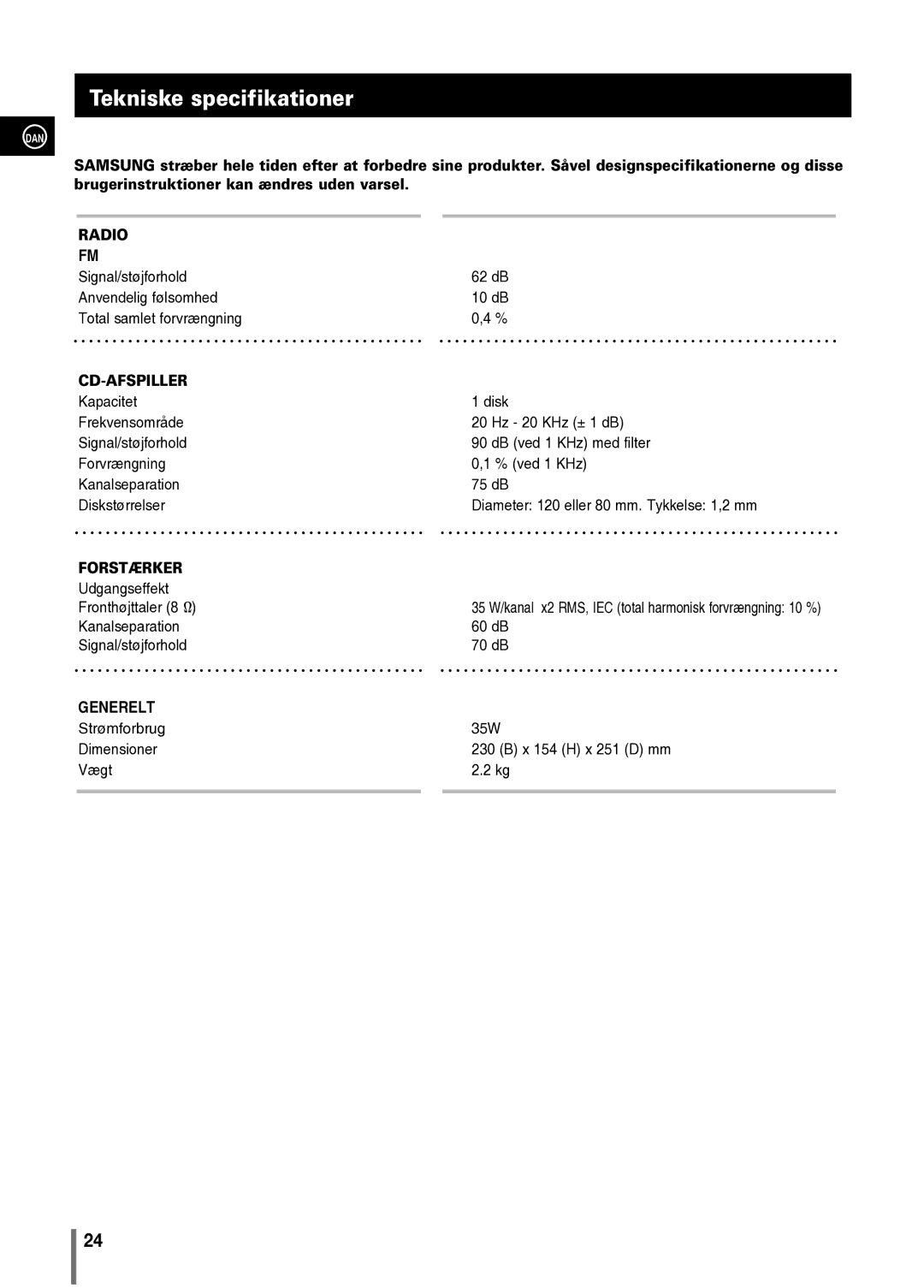 Samsung MM-C330/XEE manual Tekniske specifikationer, 35 W/kanal x2 RMS, IEC total harmonisk forvrængning 10 % 